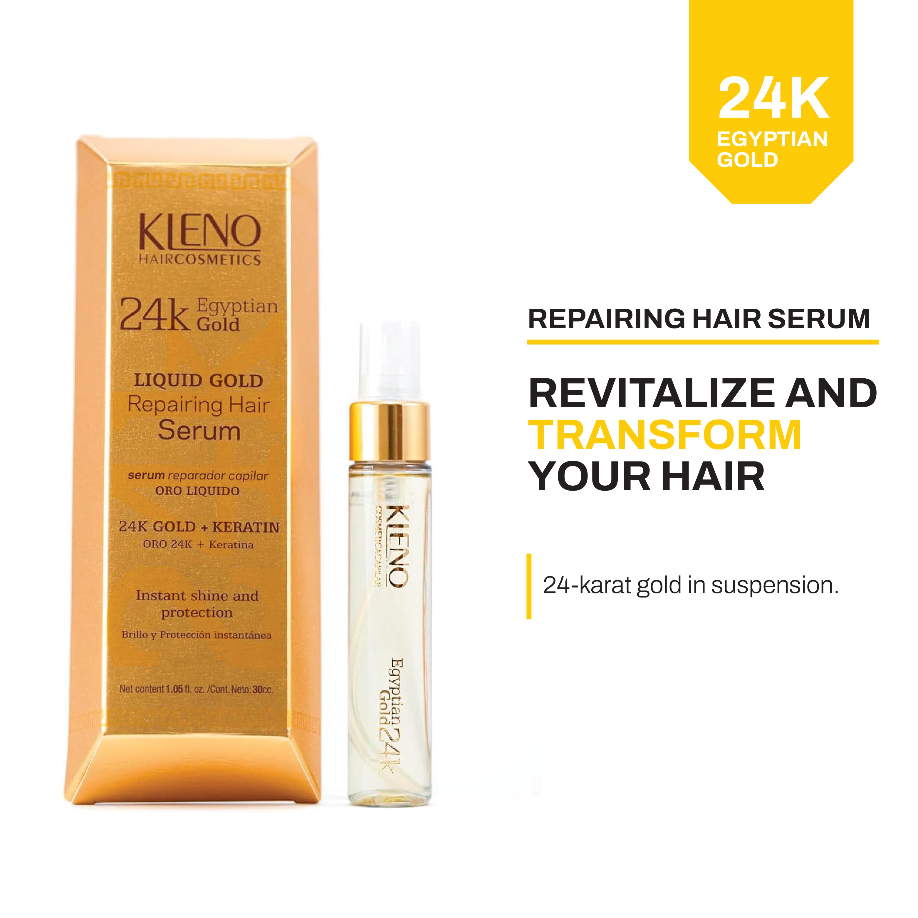 Kleno 24K Gold + Keratin Hair Repair Serum – Moisturizing and Immediate Repair, Frizz Control, Deep Nourishment, Instant Shine, and Hair Protection, 1.05 Fl Oz Bottle