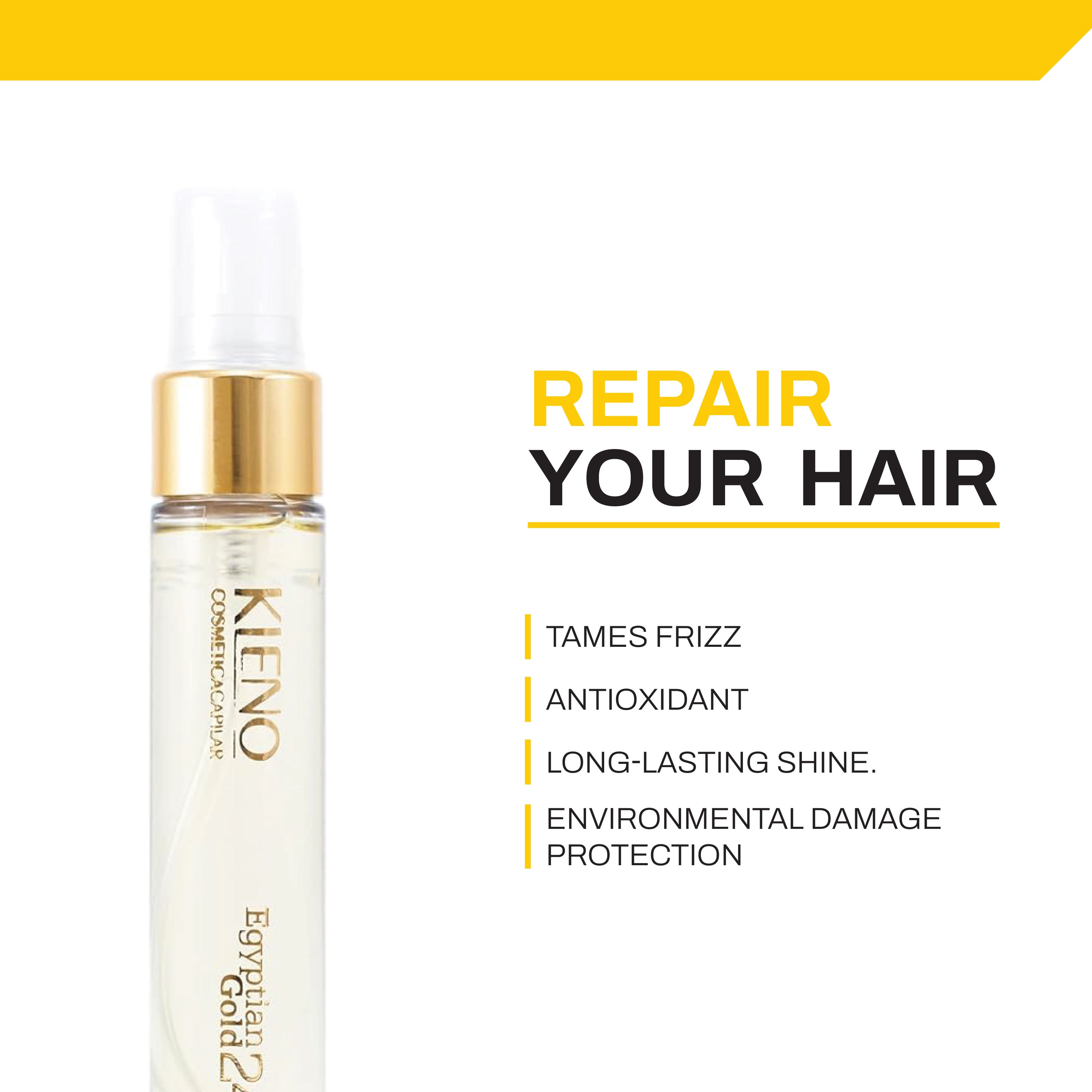 Kleno 24K Gold + Keratin Hair Repair Serum – Moisturizing and Immediate Repair, Frizz Control, Deep Nourishment, Instant Shine, and Hair Protection, 1.05 Fl Oz Bottle