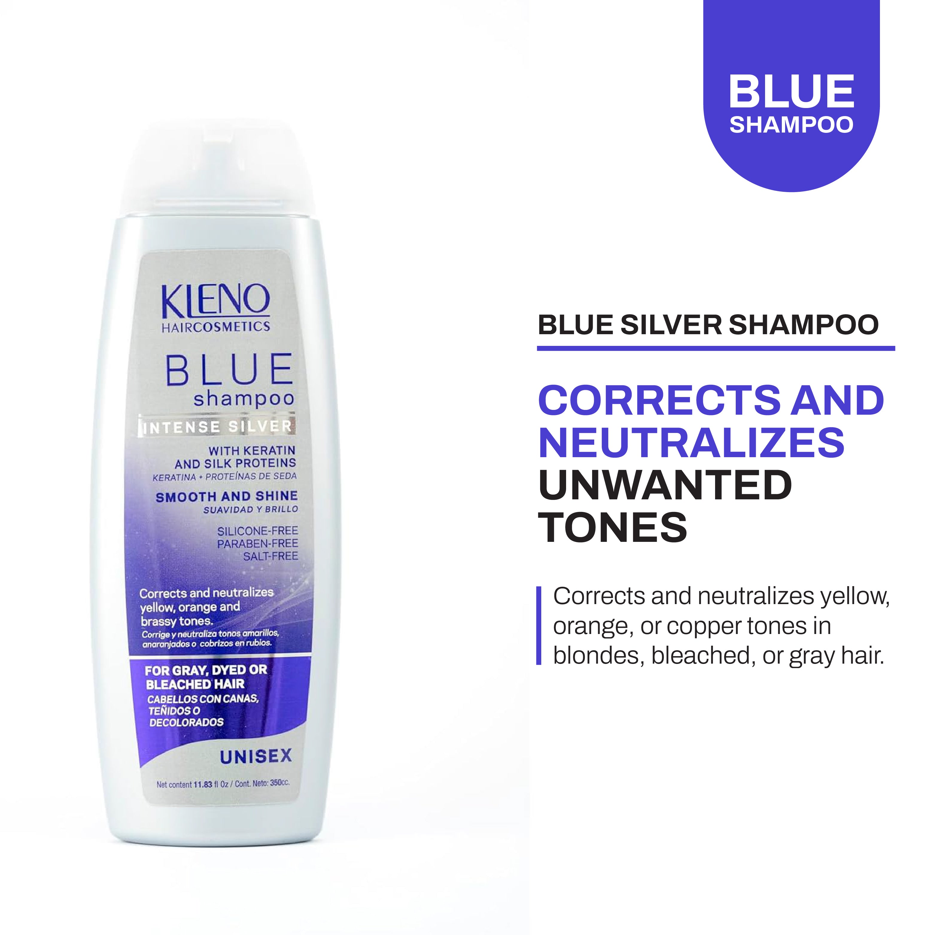 Kleno Blue Silver Intense Shampoo - Keratin & Silk Proteins, Toning Treatment, Neutralizes Yellow and Brassy Tones, Adds Shine, Unisex Formula, 11.83 fl oz