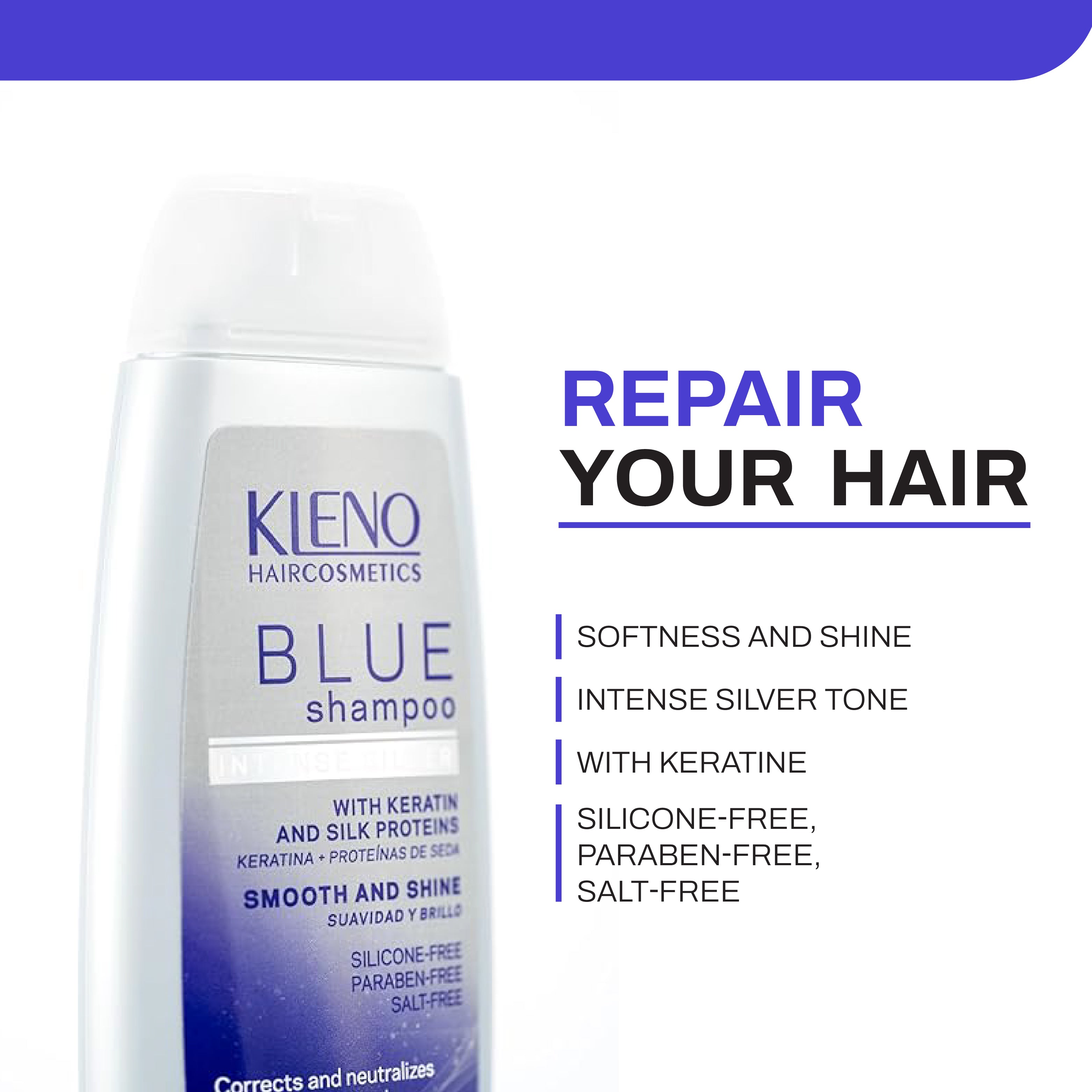 Kleno Blue Silver Intense Shampoo - Keratin & Silk Proteins, Toning Treatment, Neutralizes Yellow and Brassy Tones, Adds Shine, Unisex Formula, 11.83 fl oz