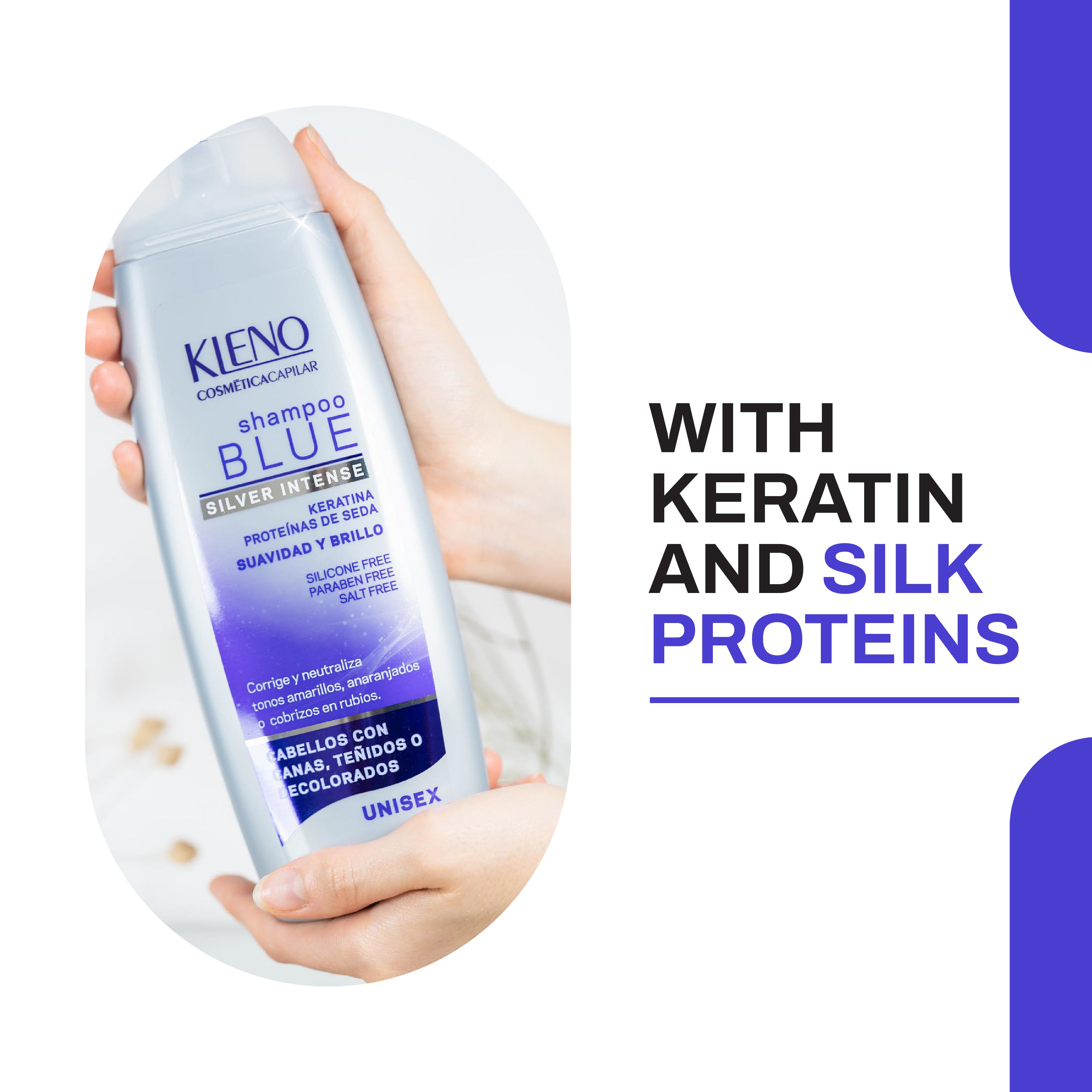 Kleno Blue Silver Intense Shampoo - Keratin & Silk Proteins, Toning Treatment, Neutralizes Yellow and Brassy Tones, Adds Shine, Unisex Formula, 11.83 fl oz