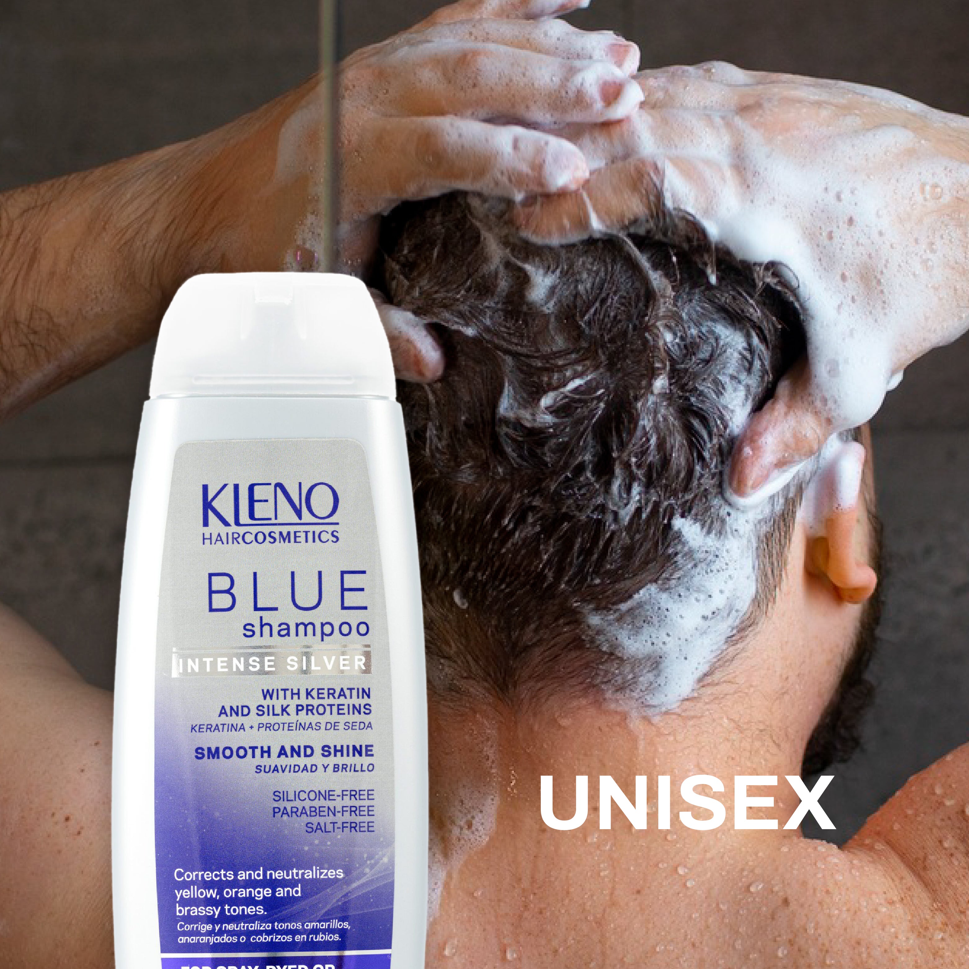 Kleno Blue Silver Intense Shampoo - Keratin & Silk Proteins, Toning Treatment, Neutralizes Yellow and Brassy Tones, Adds Shine, Unisex Formula, 11.83 fl oz