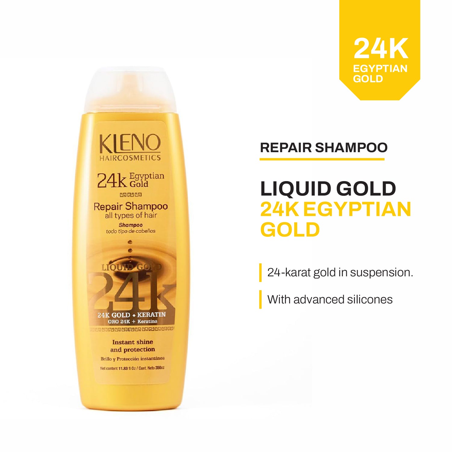 Kleno Egyptian Gold 24k Repair Shampoo - Keratin-Enriched, Moisturizing & Repairing Formula, Adds Shine & Strength, For All Hair Types, Instant Protection, 11.83 fl oz