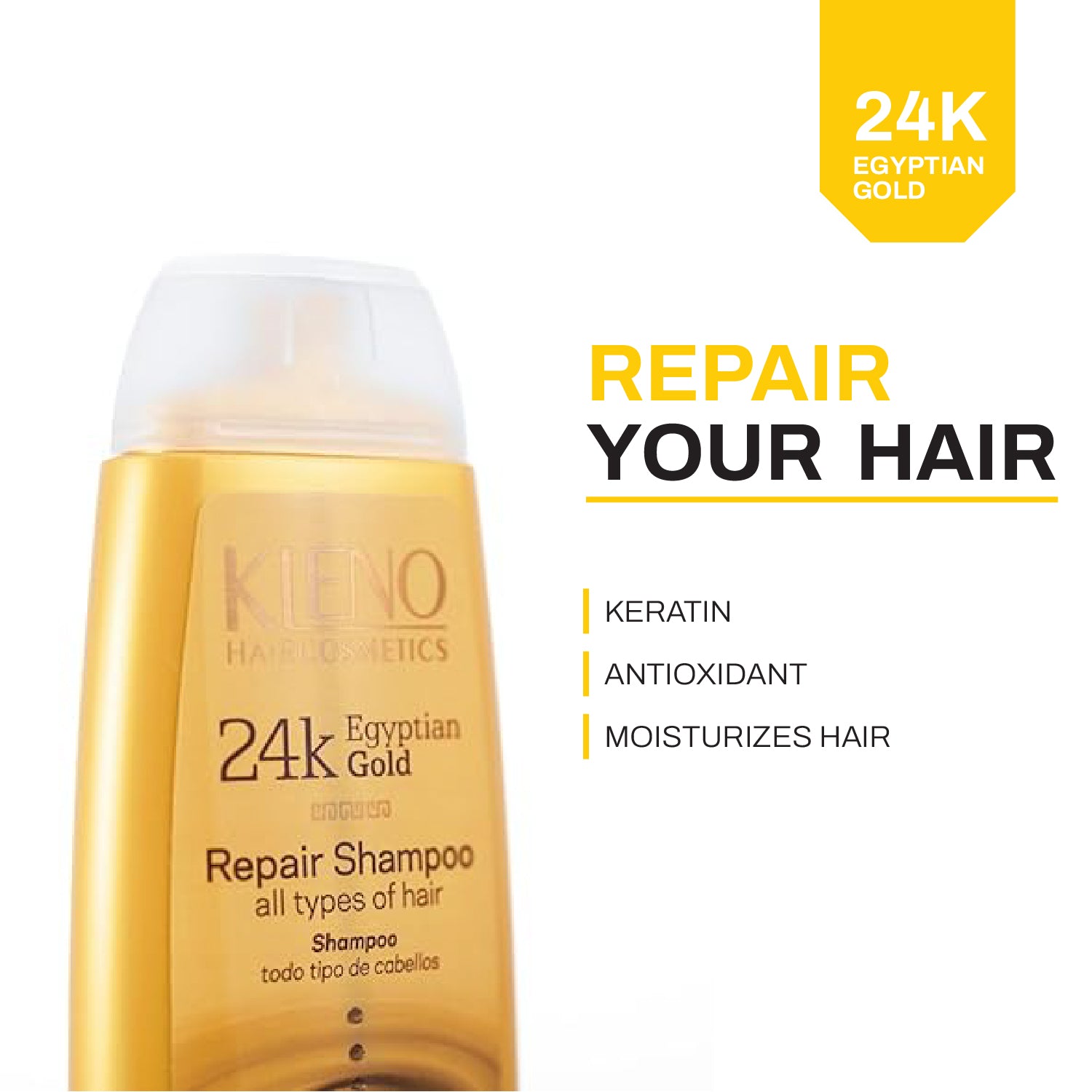 Kleno Egyptian Gold 24k Repair Shampoo - Keratin-Enriched, Moisturizing & Repairing Formula, Adds Shine & Strength, For All Hair Types, Instant Protection, 11.83 fl oz