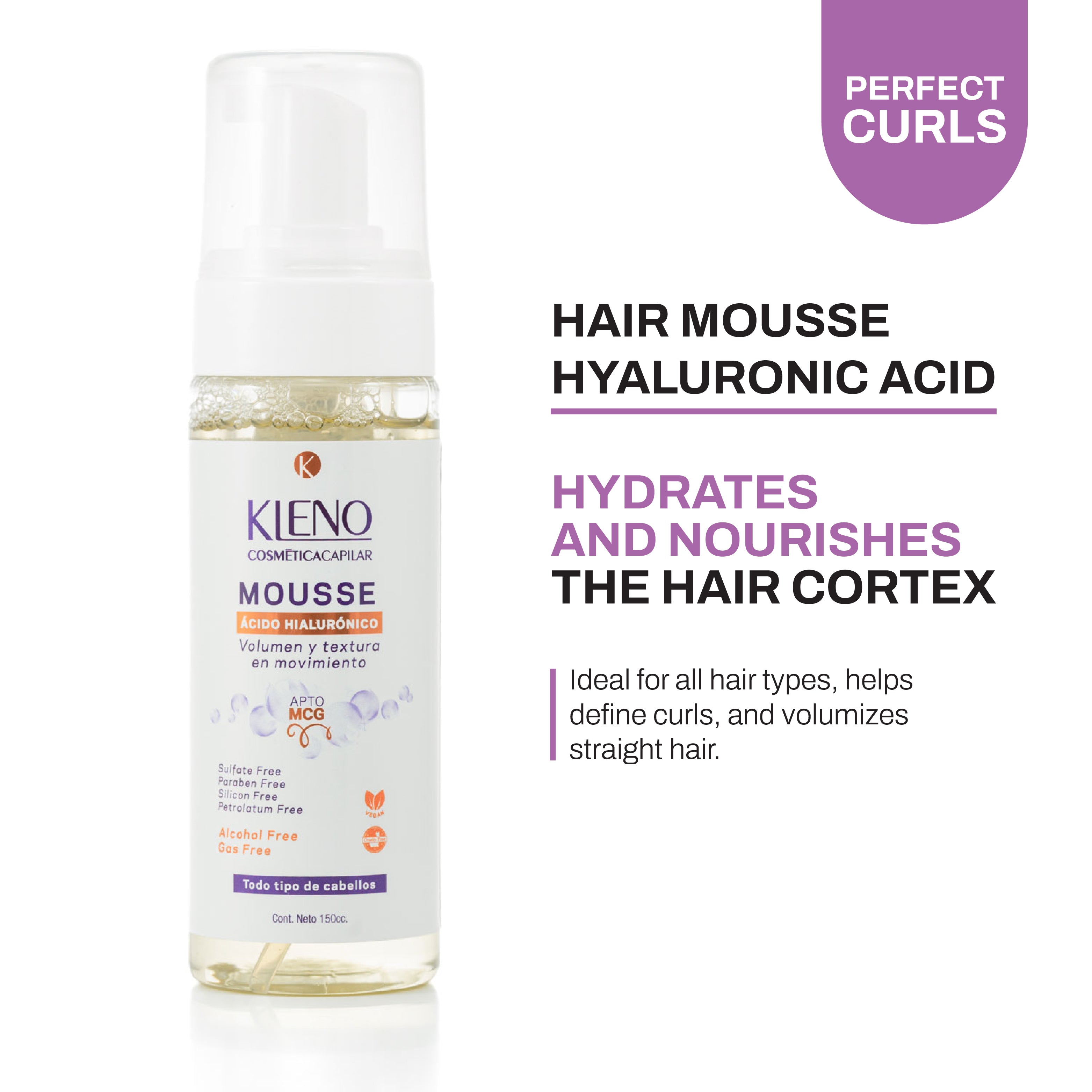 Kleno Hair Mousse with Hyaluronic Acid - Volumizes Straight Hair, Defines Curls, Flexible Hold, Hydrates & Protects, Non-Aerosol, Sulfate-Free, 5.07 fl oz