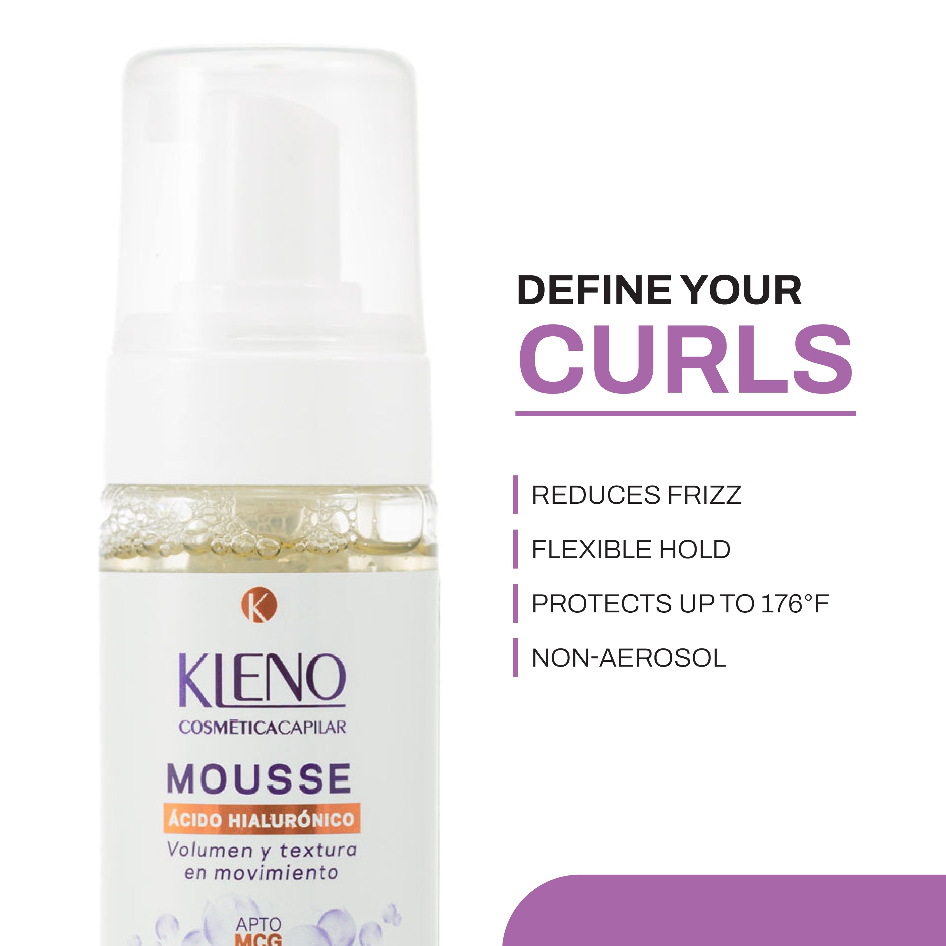 Kleno Hair Mousse with Hyaluronic Acid - Volumizes Straight Hair, Defines Curls, Flexible Hold, Hydrates & Protects, Non-Aerosol, Sulfate-Free, 5.07 fl oz