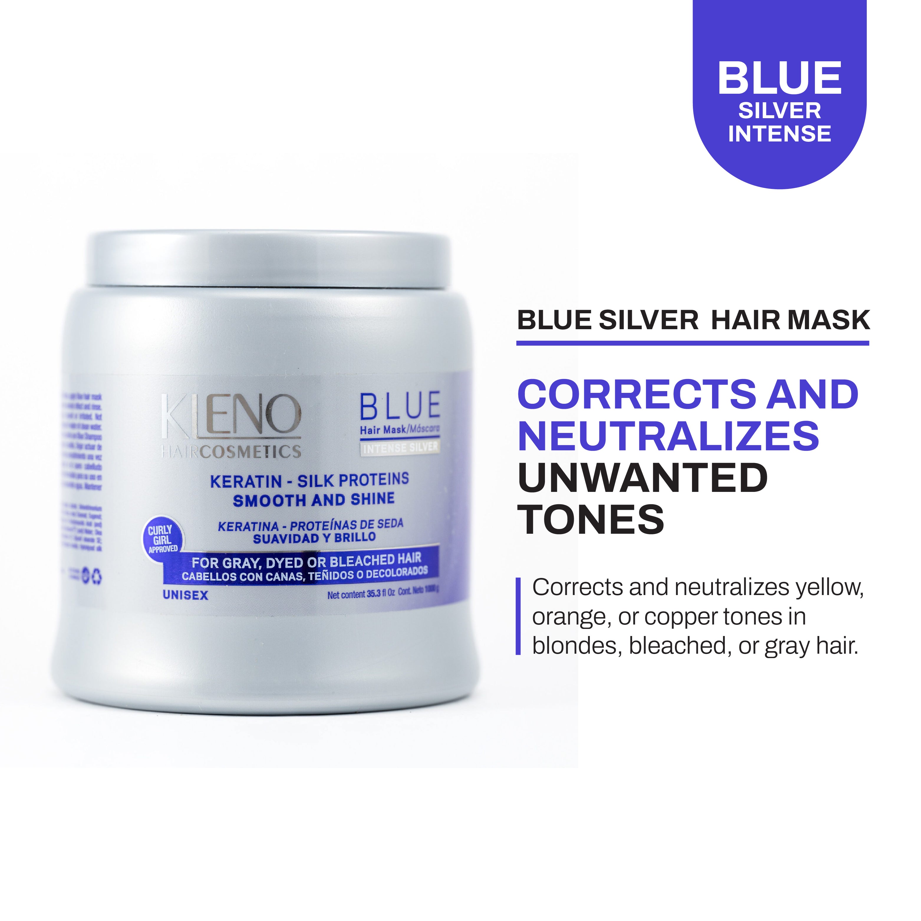 Kleno Blue Hair Mask - Intense Silver, Keratin & Silk Proteins, Neutralizes Yellow and Brassy Tones, Enhances Shine, Smooths Hair, For Gray & Bleached Hair, 35.3 fl oz