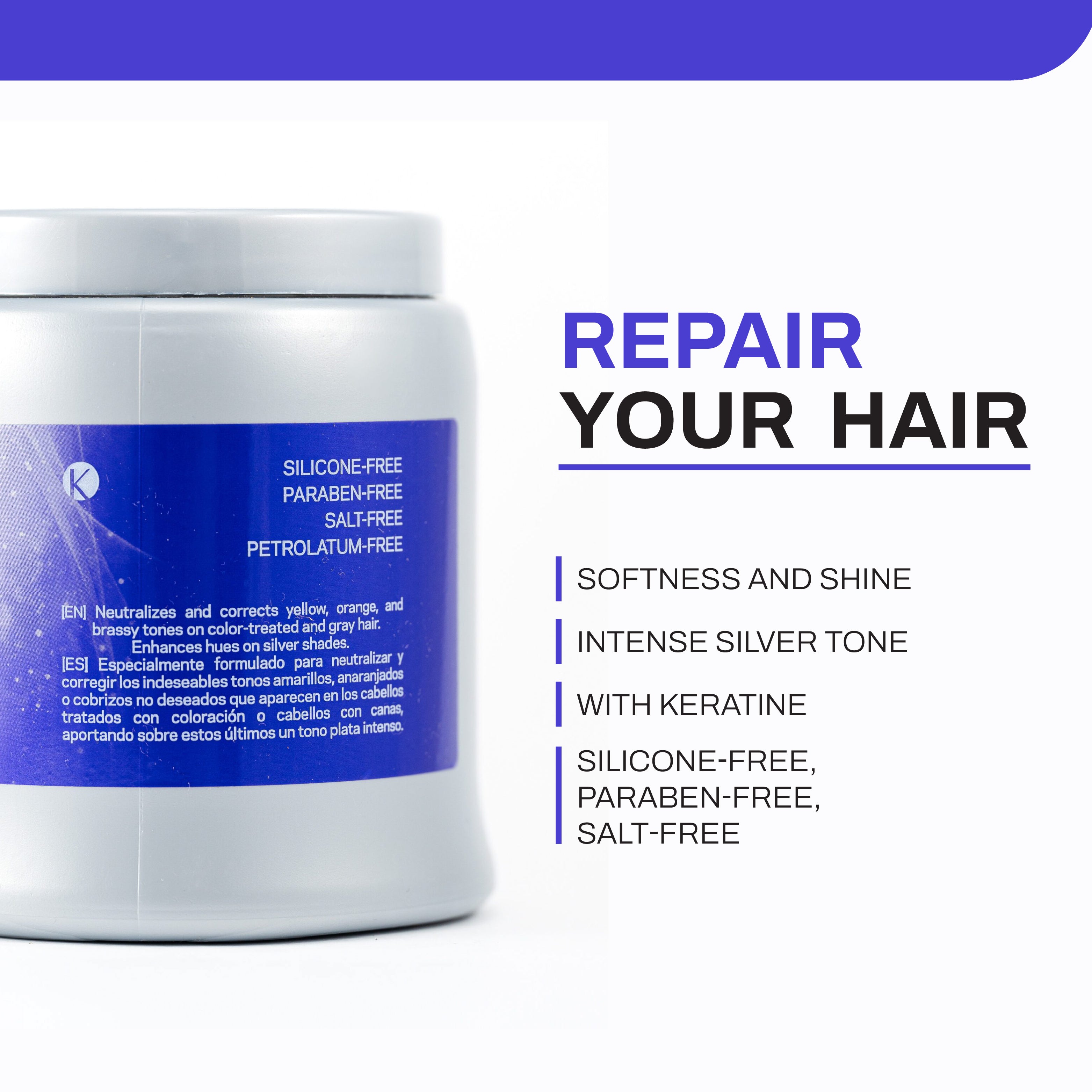 Kleno Blue Hair Mask - Intense Silver, Keratin & Silk Proteins, Neutralizes Yellow and Brassy Tones, Enhances Shine, Smooths Hair, For Gray & Bleached Hair, 35.3 fl oz