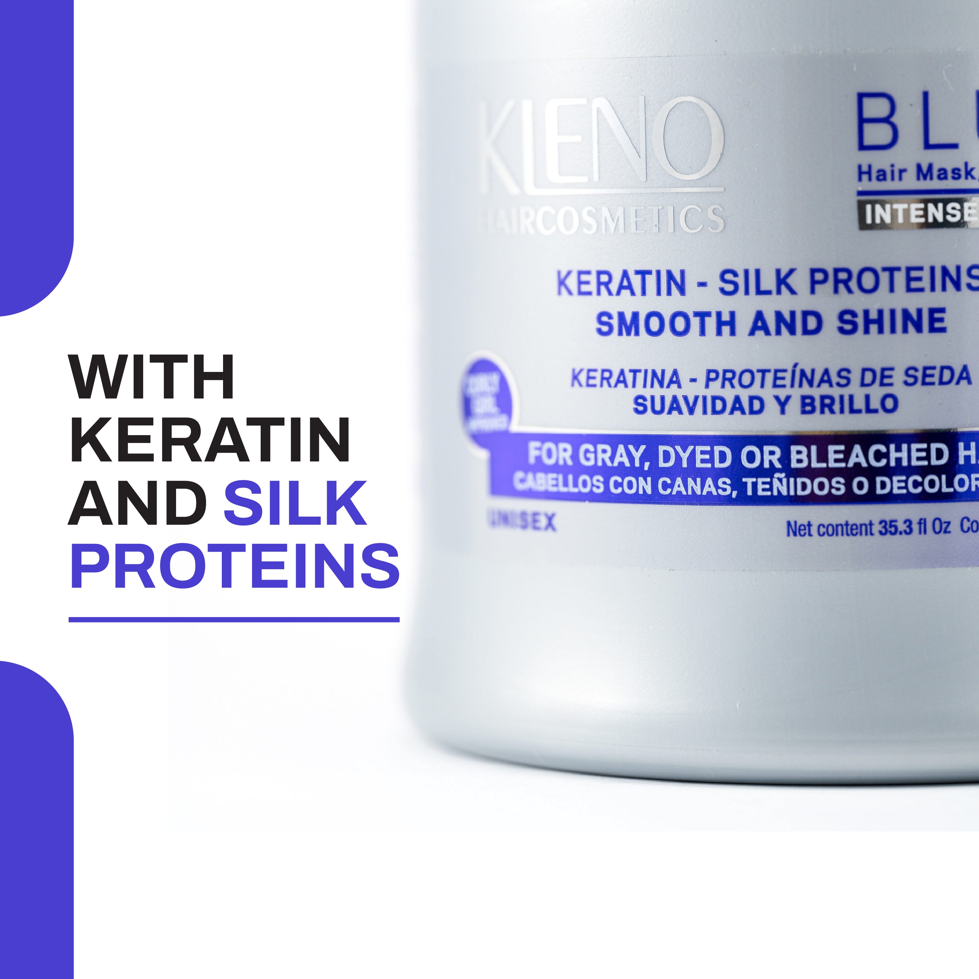 Kleno Blue Hair Mask - Intense Silver, Keratin & Silk Proteins, Neutralizes Yellow and Brassy Tones, Enhances Shine, Smooths Hair, For Gray & Bleached Hair, 35.3 fl oz