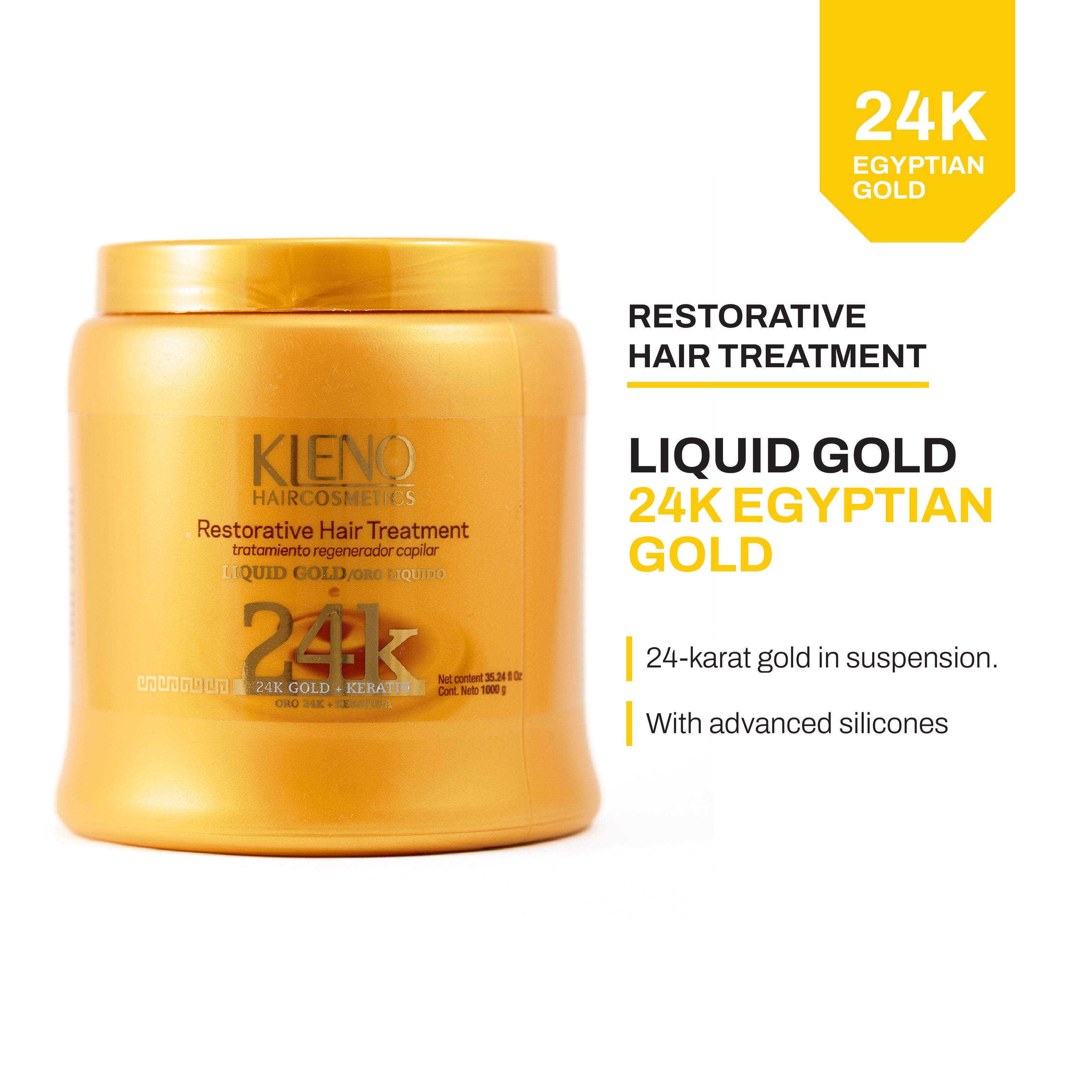 Kleno Restorative Hair Treatment - Liquid Gold 24k, Egyptian Gold, Beta-Carotene Antioxidant, Keratin-Infused for Repair, Shine & Moisture, 35.24 fl oz