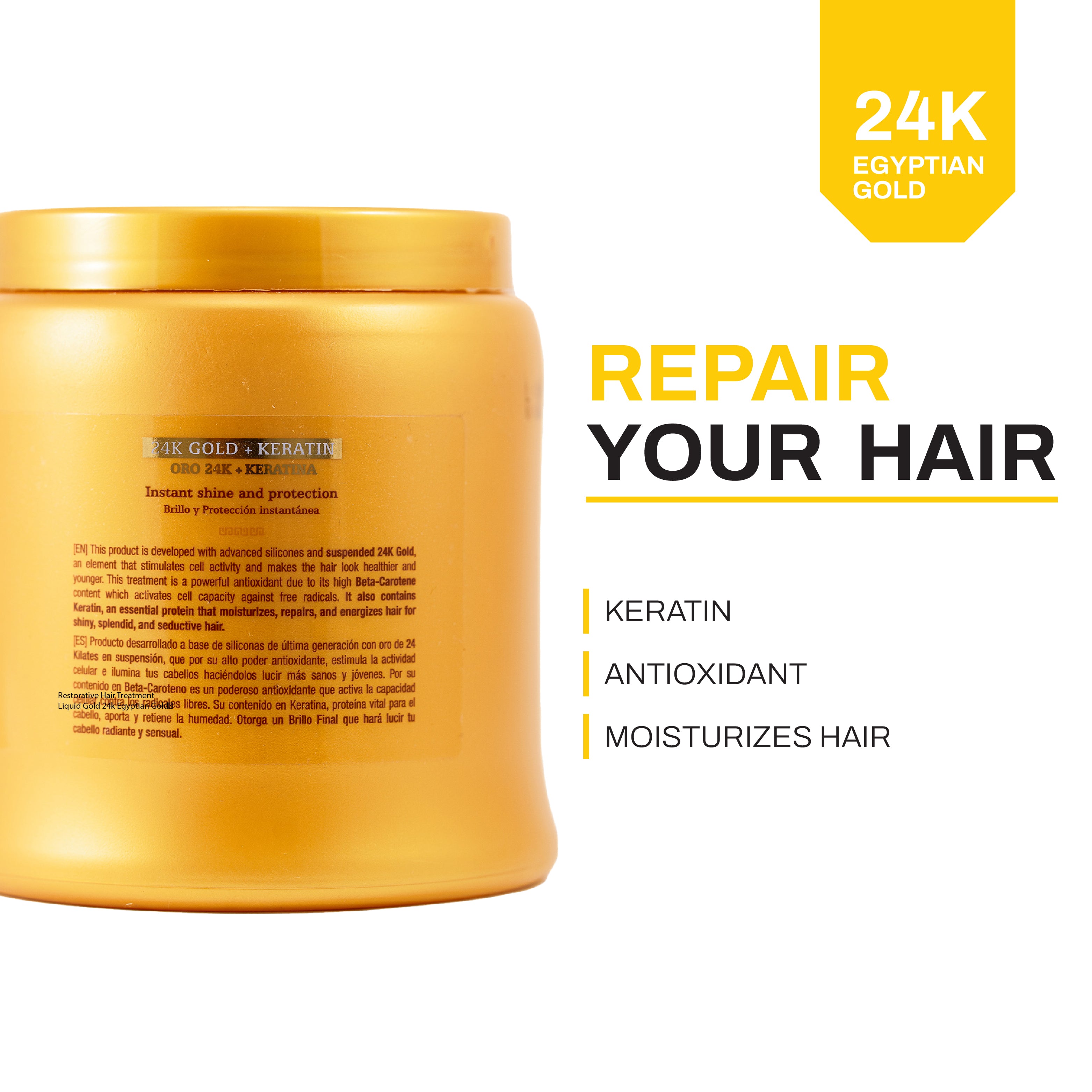 Kleno Restorative Hair Treatment - Liquid Gold 24k, Egyptian Gold, Beta-Carotene Antioxidant, Keratin-Infused for Repair, Shine & Moisture, 35.24 fl oz