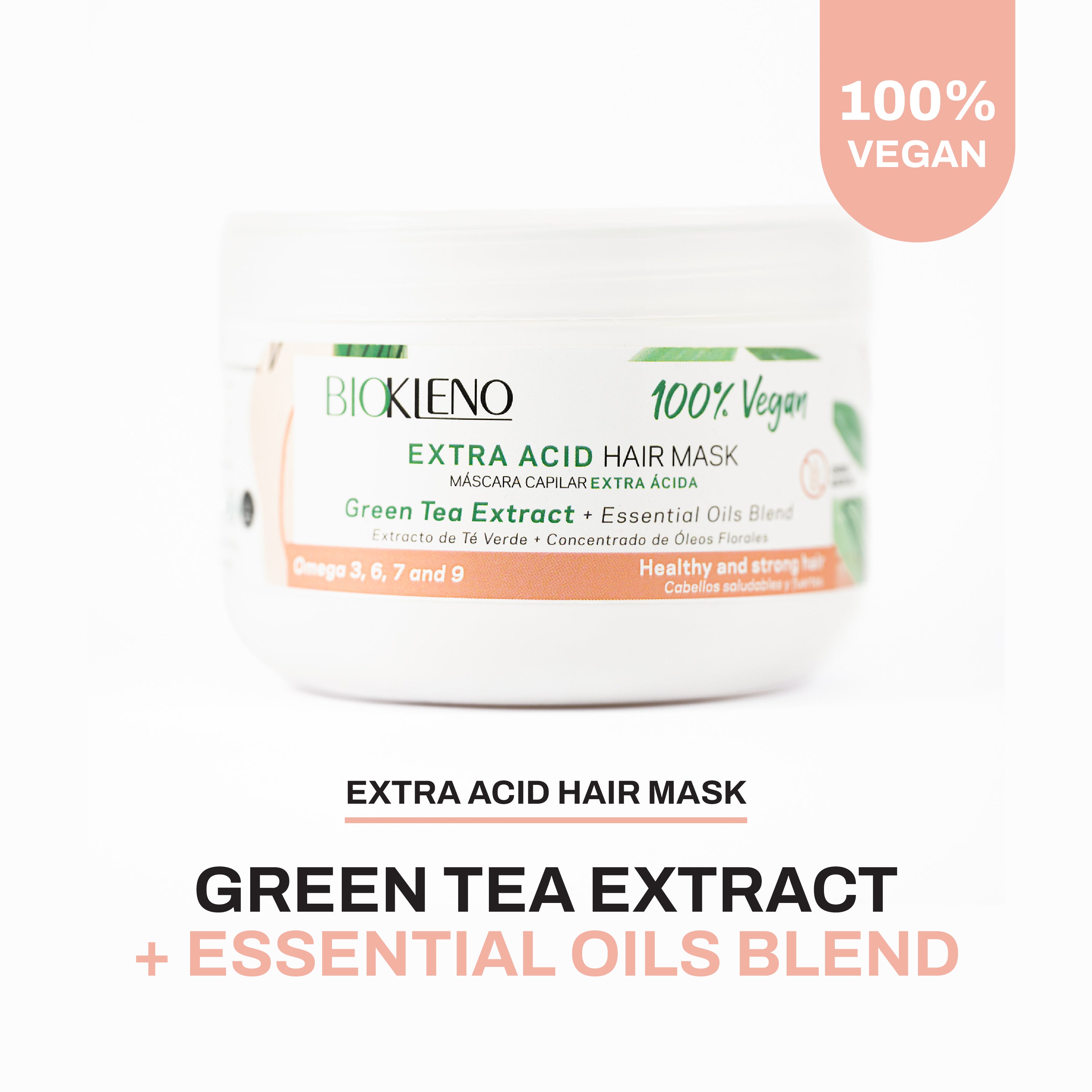 BioKleno Extra Acid Hair Mask 100% Vegan - Green Tea Extract, Essential Oils Blend, Omega 3, 6, 7, 9 - Nourishes, Strengthens, Restores Shine, 8.45 fl oz