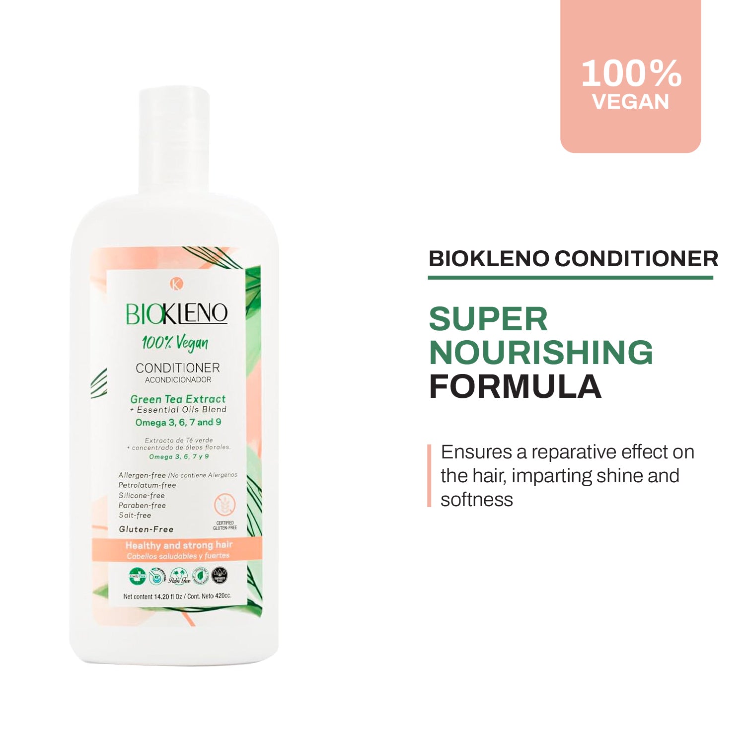 Biokleno Conditioner 100% Vegan - Green Tea Extract, Essential Oils Blend, Omega 3, 6, 7, 9 - Restores and Nourishes, Paraben-Free, Gluten-Free, 14.20 fl oz