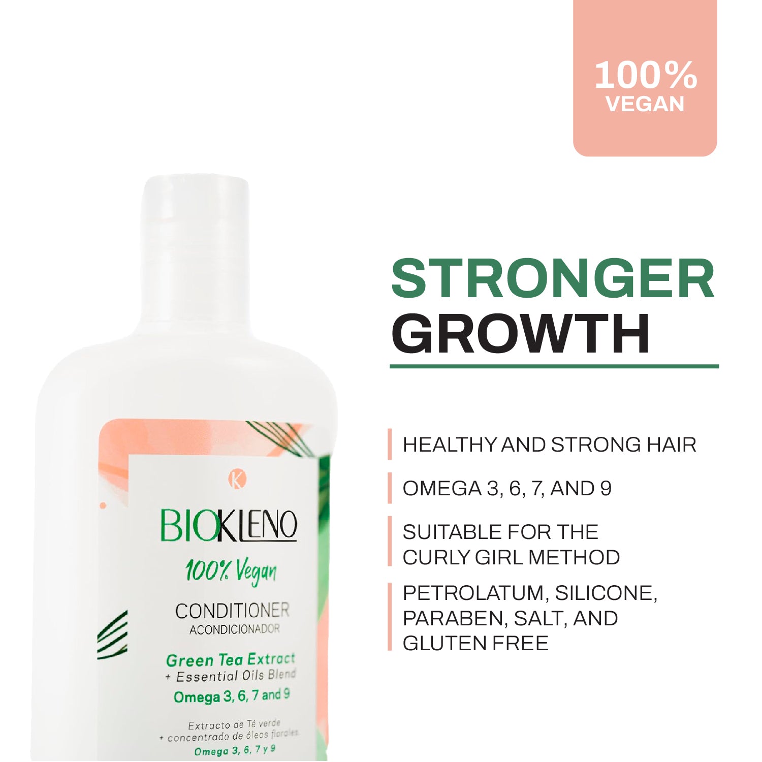 Biokleno Conditioner 100% Vegan - Green Tea Extract, Essential Oils Blend, Omega 3, 6, 7, 9 - Restores and Nourishes, Paraben-Free, Gluten-Free, 14.20 fl oz