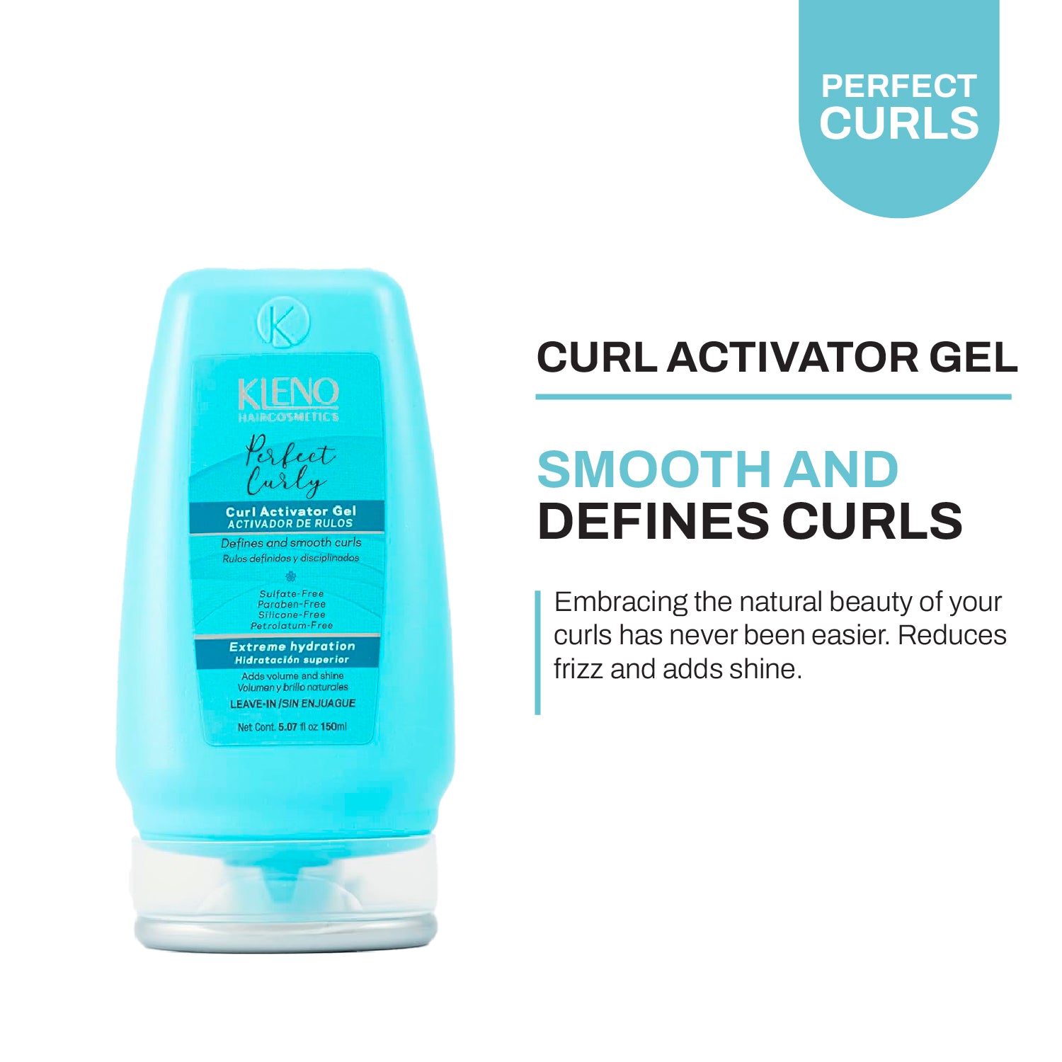 Kleno Perfect Curly Activator Gel - Defines and Enhances Curls, Anti-Frizz, Provides Shine and Hydration, Heat Protection, Sulfate-Free Formula, 5.07 fl oz