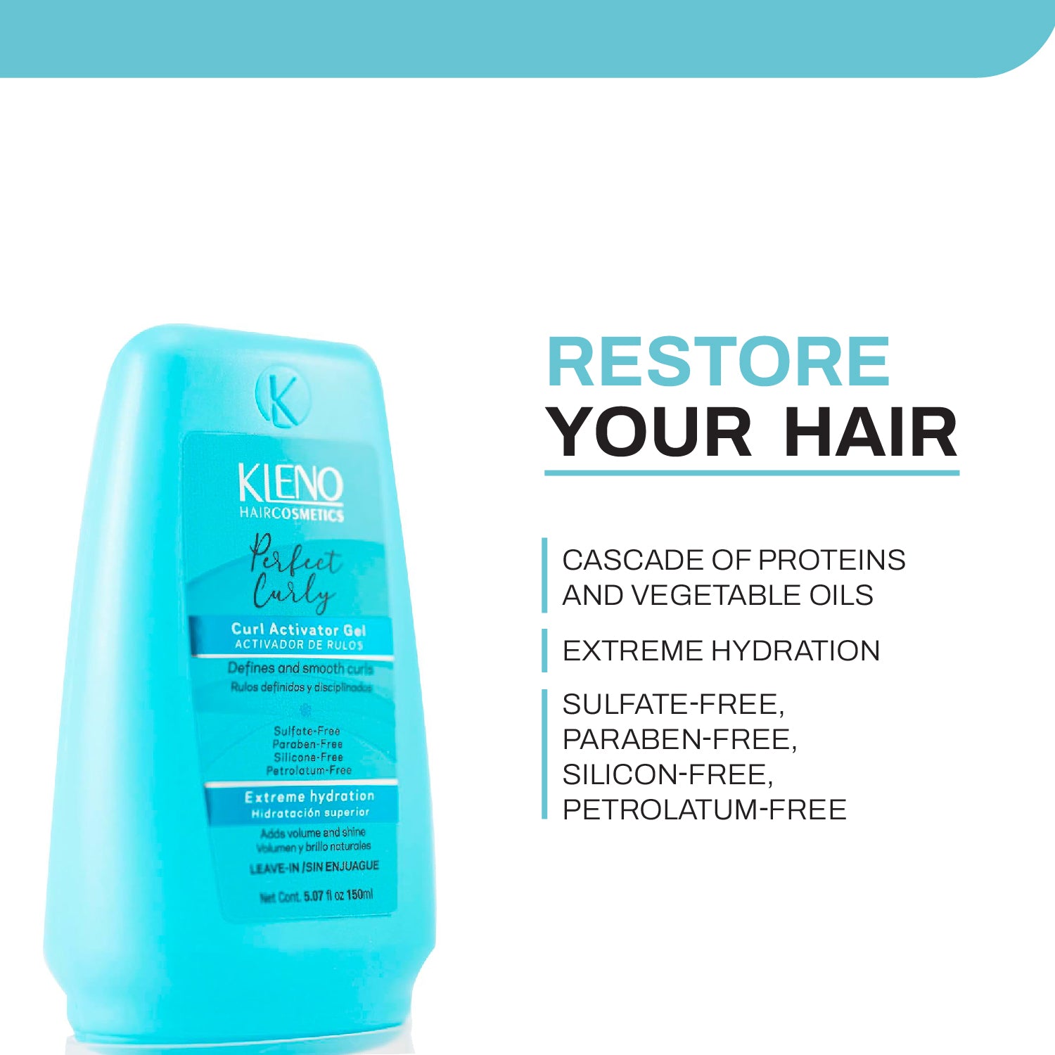 Kleno Perfect Curly Activator Gel - Defines and Enhances Curls, Anti-Frizz, Provides Shine and Hydration, Heat Protection, Sulfate-Free Formula, 5.07 fl oz