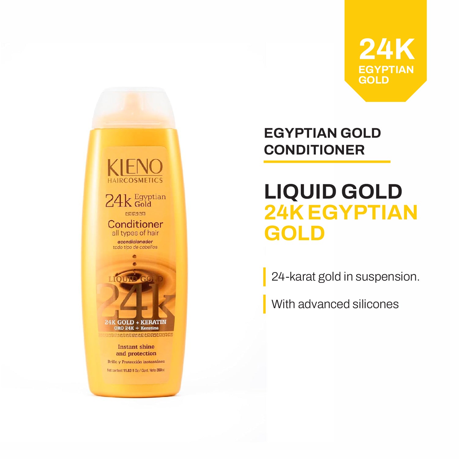 Kleno Egyptian Gold 24k + Keratin Conditioner - Hydrating & Repairing Formula, Enhances Shine, Suitable for All Hair Types, Moisturizing Care, 11.83 fl oz