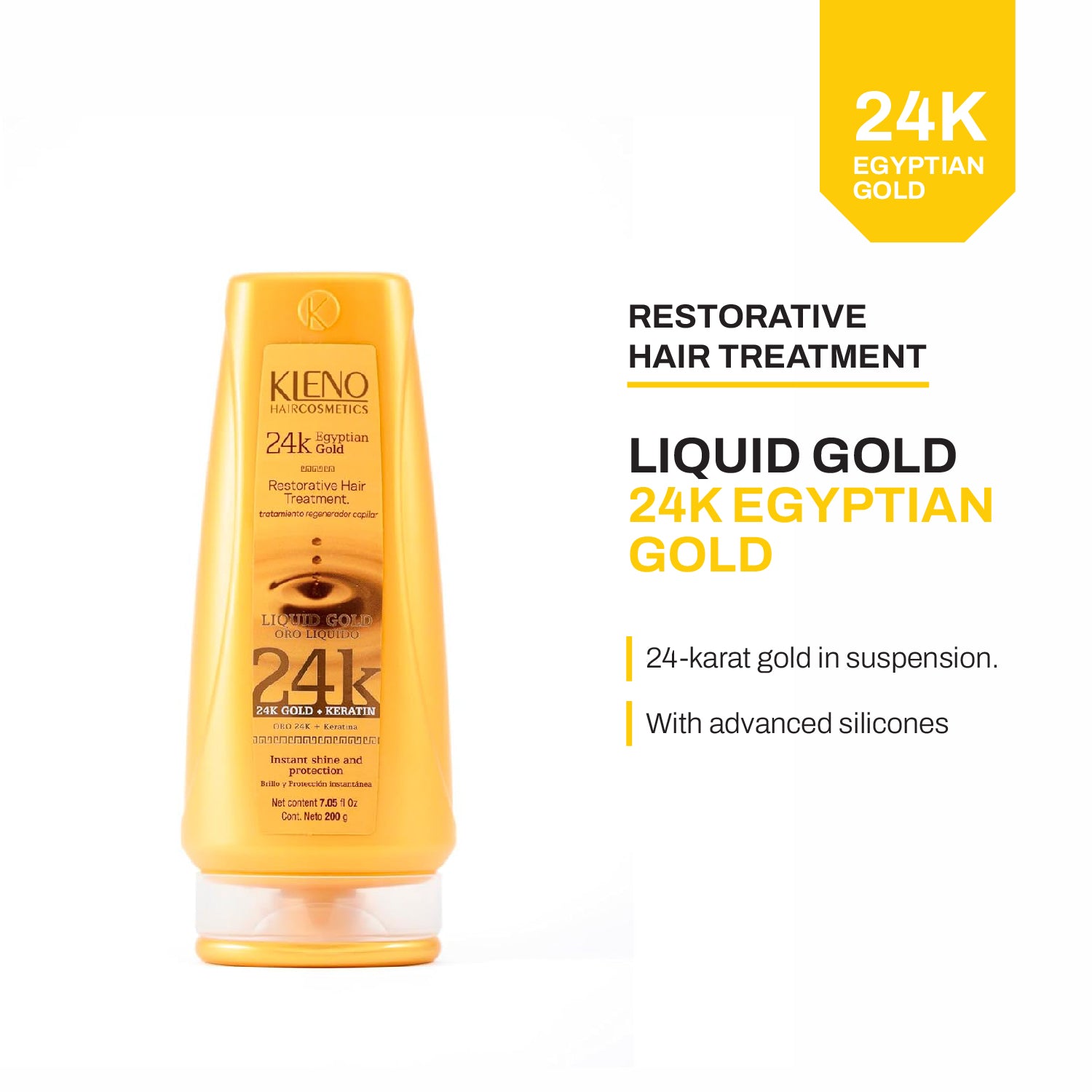 Kleno Egyptian Gold 24k Hair Treatment - Beta-Carotene Antioxidant, Keratin-Infused, Moisturizes, Regenerates, Repairs Damage, Enhances Shine, 7.05 fl oz