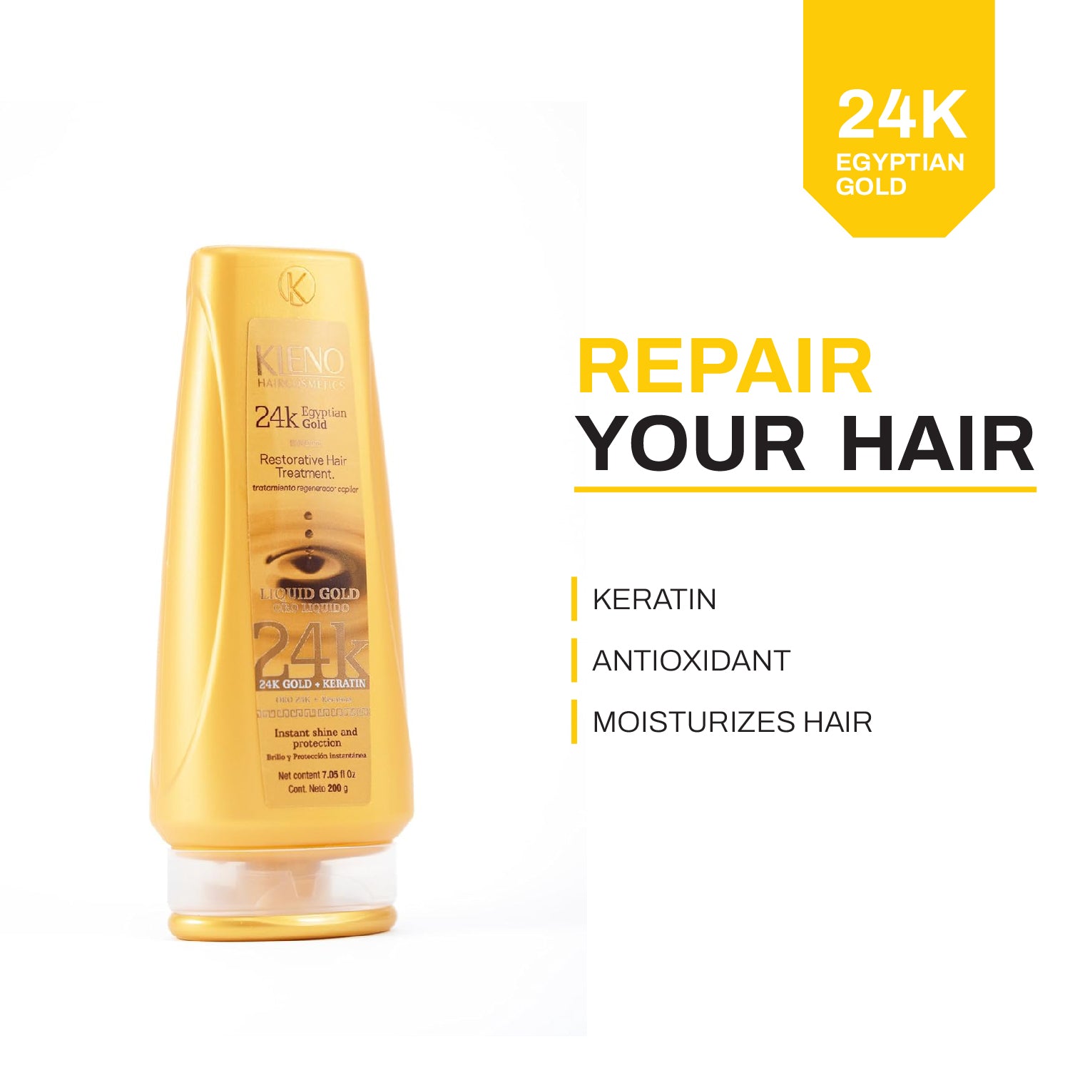 Kleno Egyptian Gold 24k Hair Treatment - Beta-Carotene Antioxidant, Keratin-Infused, Moisturizes, Regenerates, Repairs Damage, Enhances Shine, 7.05 fl oz