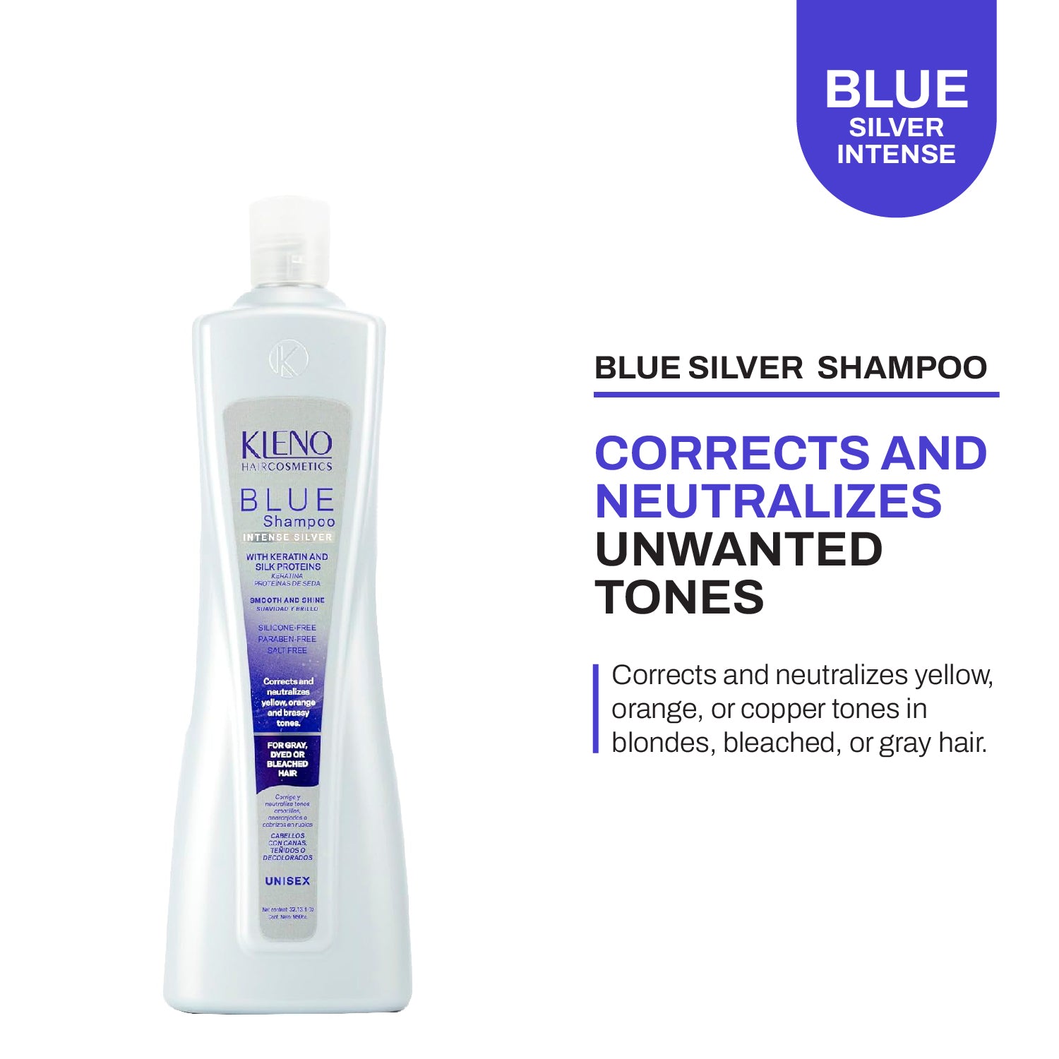 Kleno Blue Silver Intense Shampoo - Keratin & Silk Proteins, Neutralizes Yellow, Orange & Brassy Tones, Unisex Toning Treatment, Softness & Shine, 32.13 fl oz