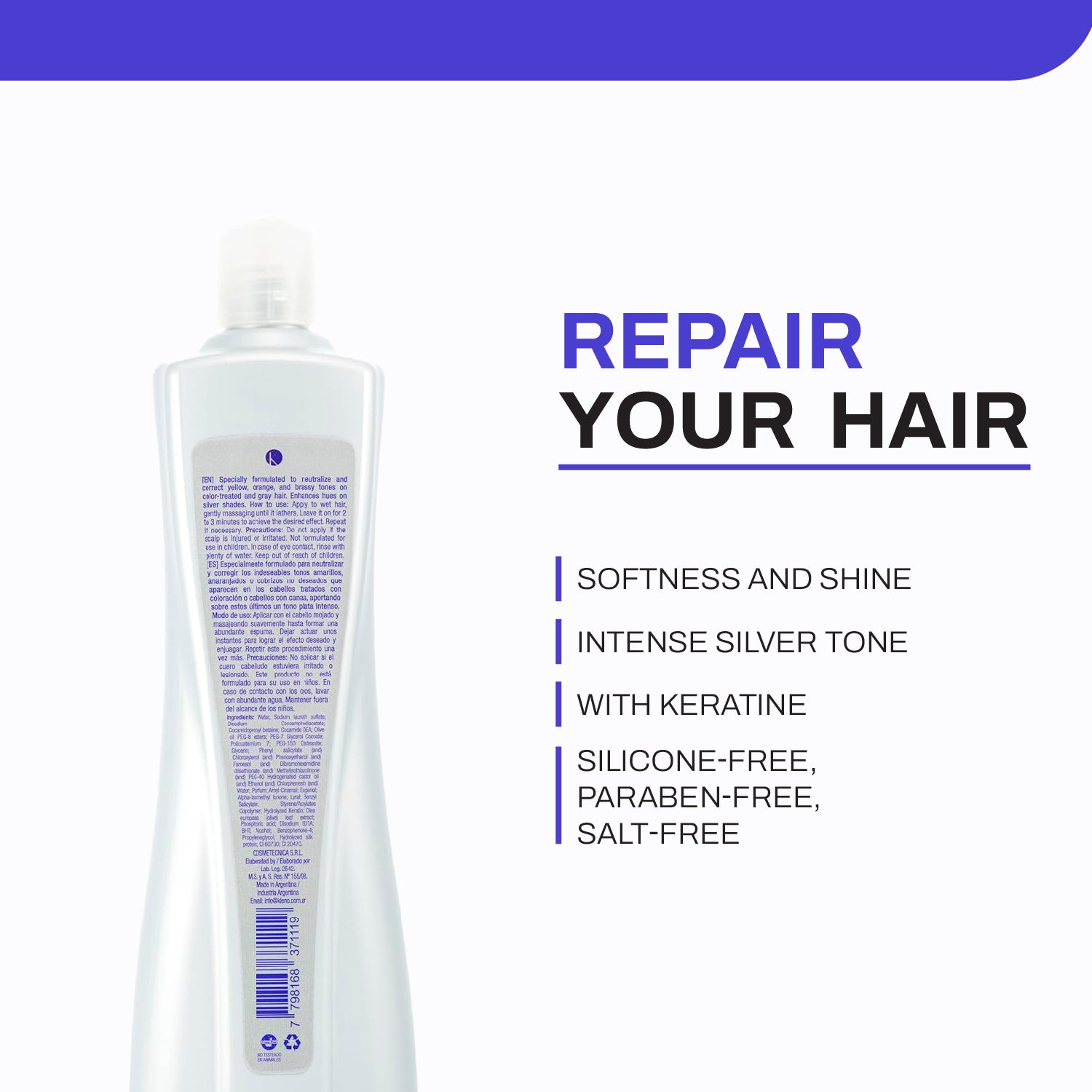 Kleno Blue Silver Intense Shampoo - Keratin & Silk Proteins, Neutralizes Yellow, Orange & Brassy Tones, Unisex Toning Treatment, Softness & Shine, 32.13 fl oz