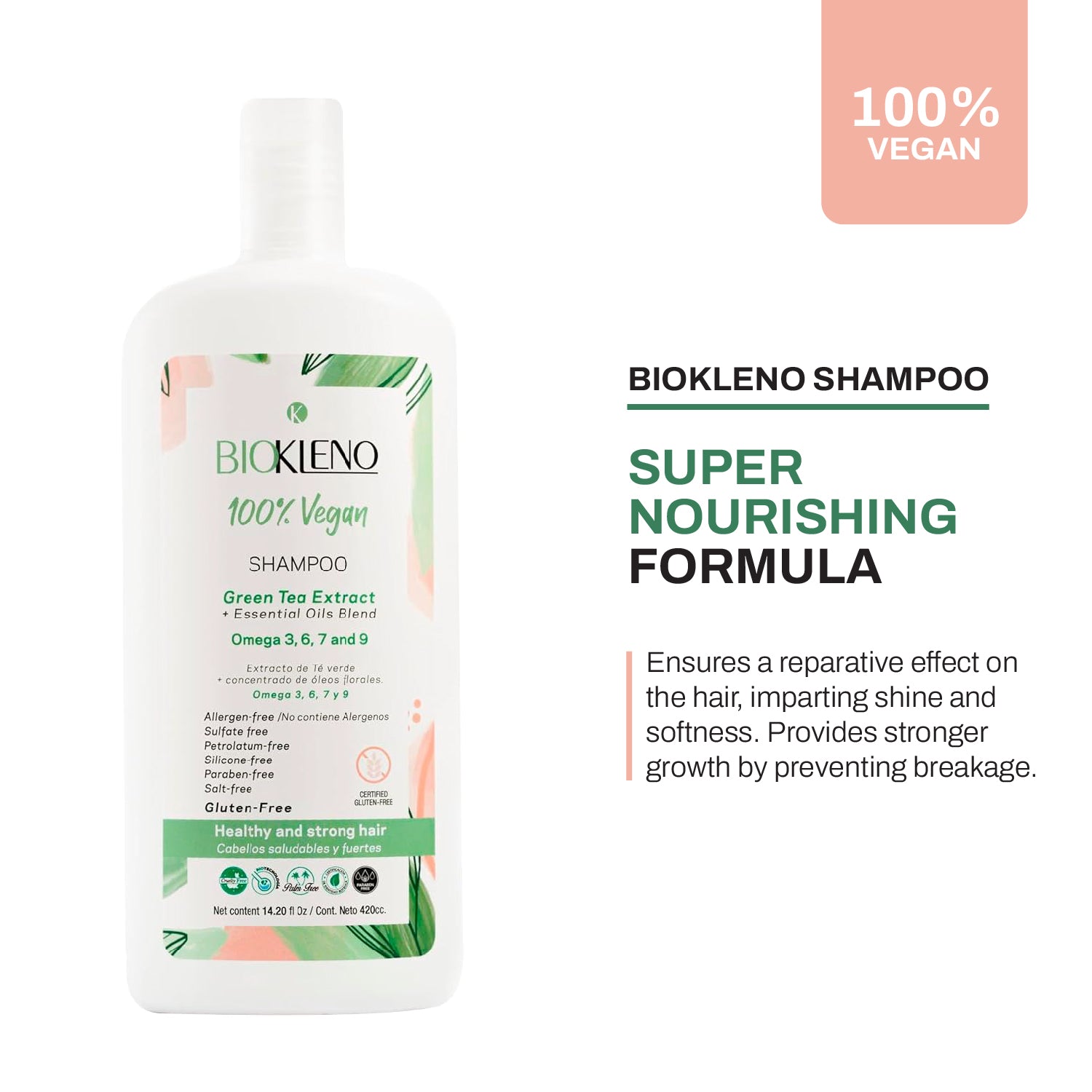 Biokleno Shampoo 100% Vegan - Green Tea Extract, Essential Oils Blend, Omega 3, 6, 7, 9 - Nourishes, Strengthens, Sulfate-Free, Gluten-Free, Gentle Cleanse, 14.20 fl oz