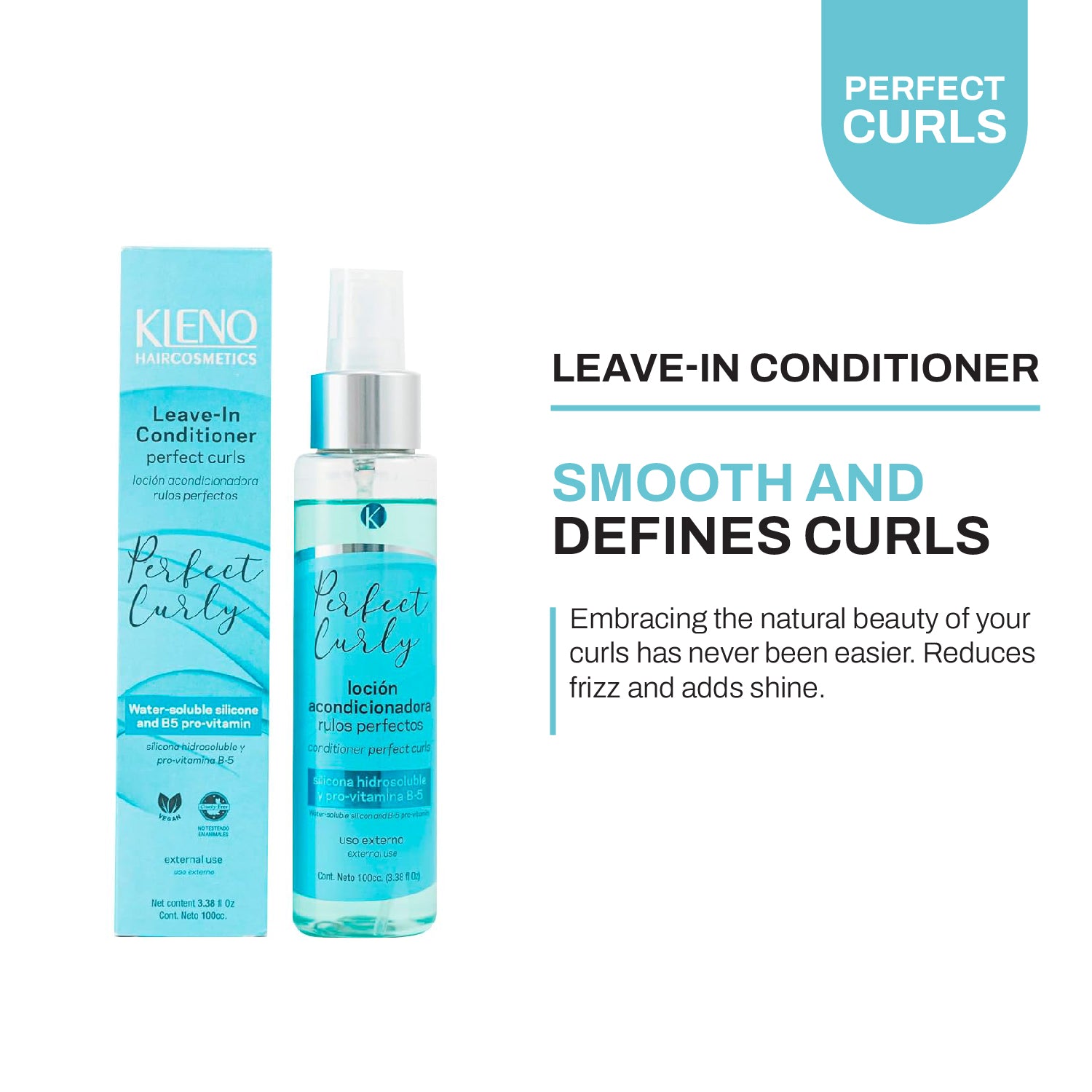 Kleno Leave-In Conditioner Perfect Curls - Vegan, Cruelty-Free, Silicone-Free, B5 Pro-Vitamin, Hydration, Nourishment, Shine, Curl Definition - 3.38 fl oz