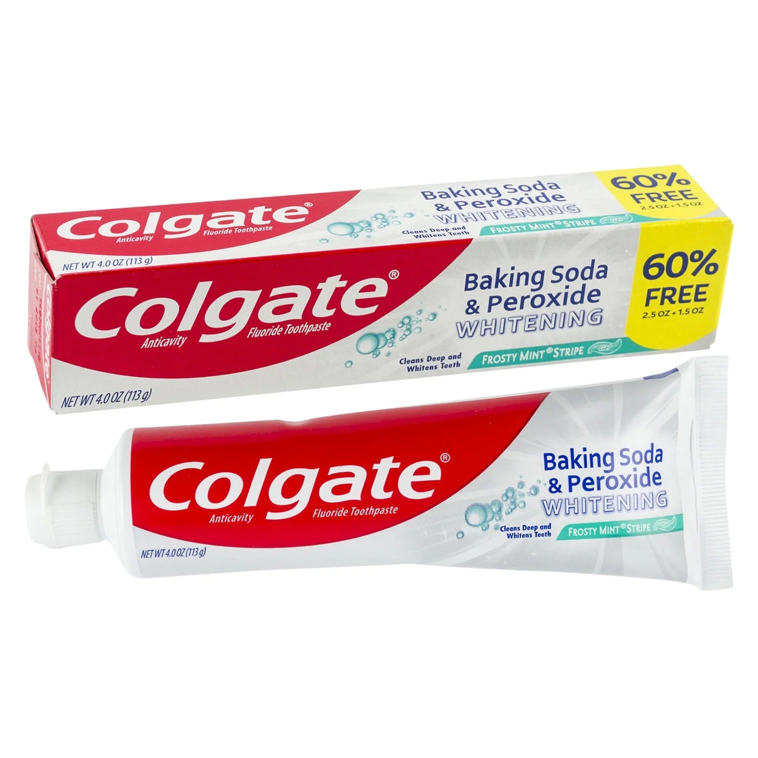 Colgate Baking Soda & Peroxide Whitening with Frosty Mint Stripe, Bonus tube 60% Free, 4 oz