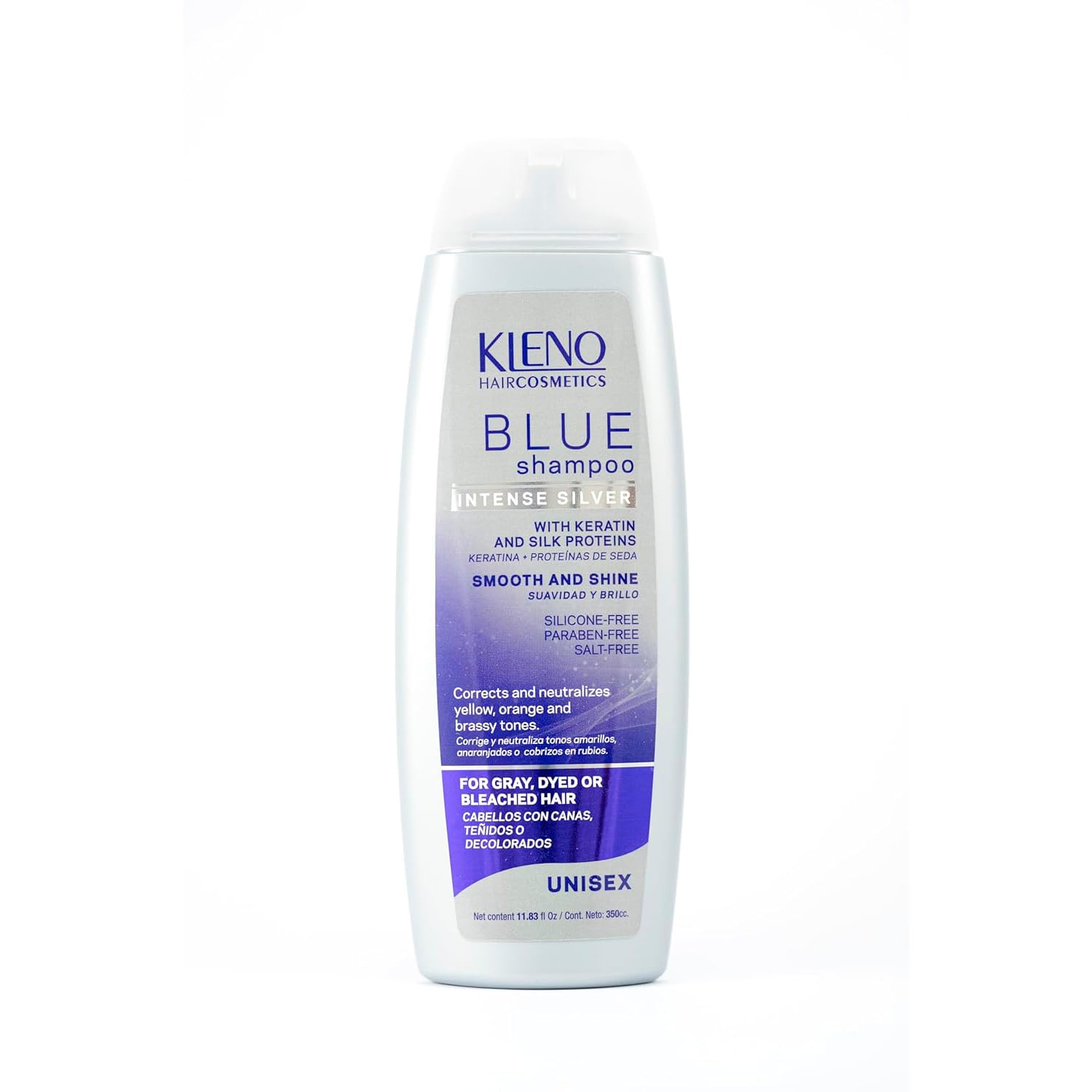 Kleno Blue Silver Intense Shampoo - Keratin & Silk Proteins, Toning Treatment, Neutralizes Yellow and Brassy Tones, Adds Shine, Unisex Formula, 11.83 fl oz