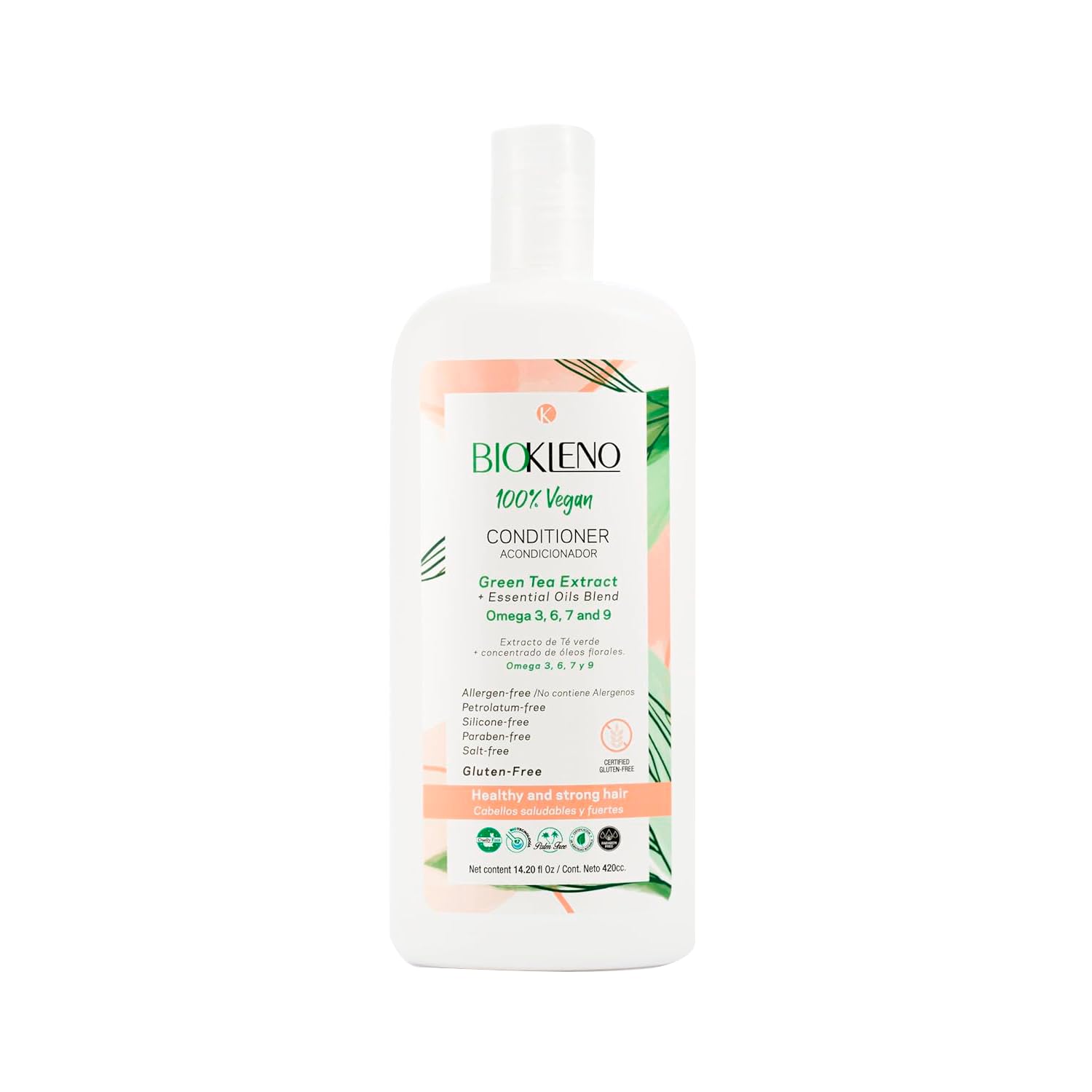 Biokleno Conditioner 100% Vegan - Green Tea Extract, Essential Oils Blend, Omega 3, 6, 7, 9 - Restores and Nourishes, Paraben-Free, Gluten-Free, 14.20 fl oz