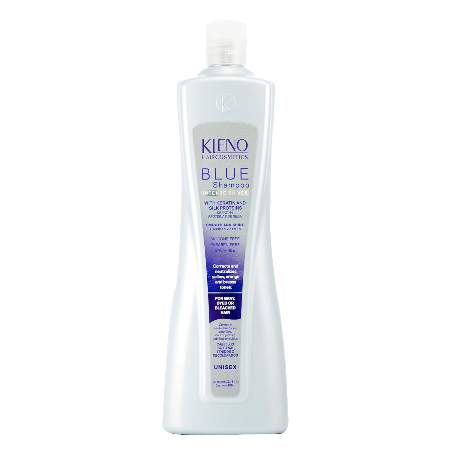 Kleno Blue Silver Intense Shampoo - Keratin & Silk Proteins, Neutralizes Yellow, Orange & Brassy Tones, Unisex Toning Treatment, Softness & Shine, 32.13 fl oz