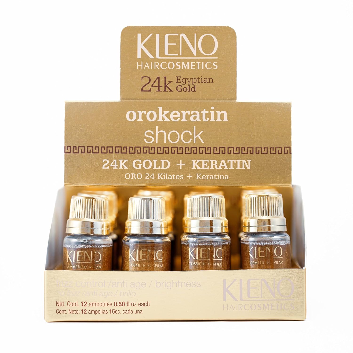 Kleno Shock OroKeratin Treatment - 24K Gold + Keratin for Intense Hair Repair, Frizz Control, Anti-Aging, Shine Enhancement, 12 Ampoules (0.50 Fl Oz Each)