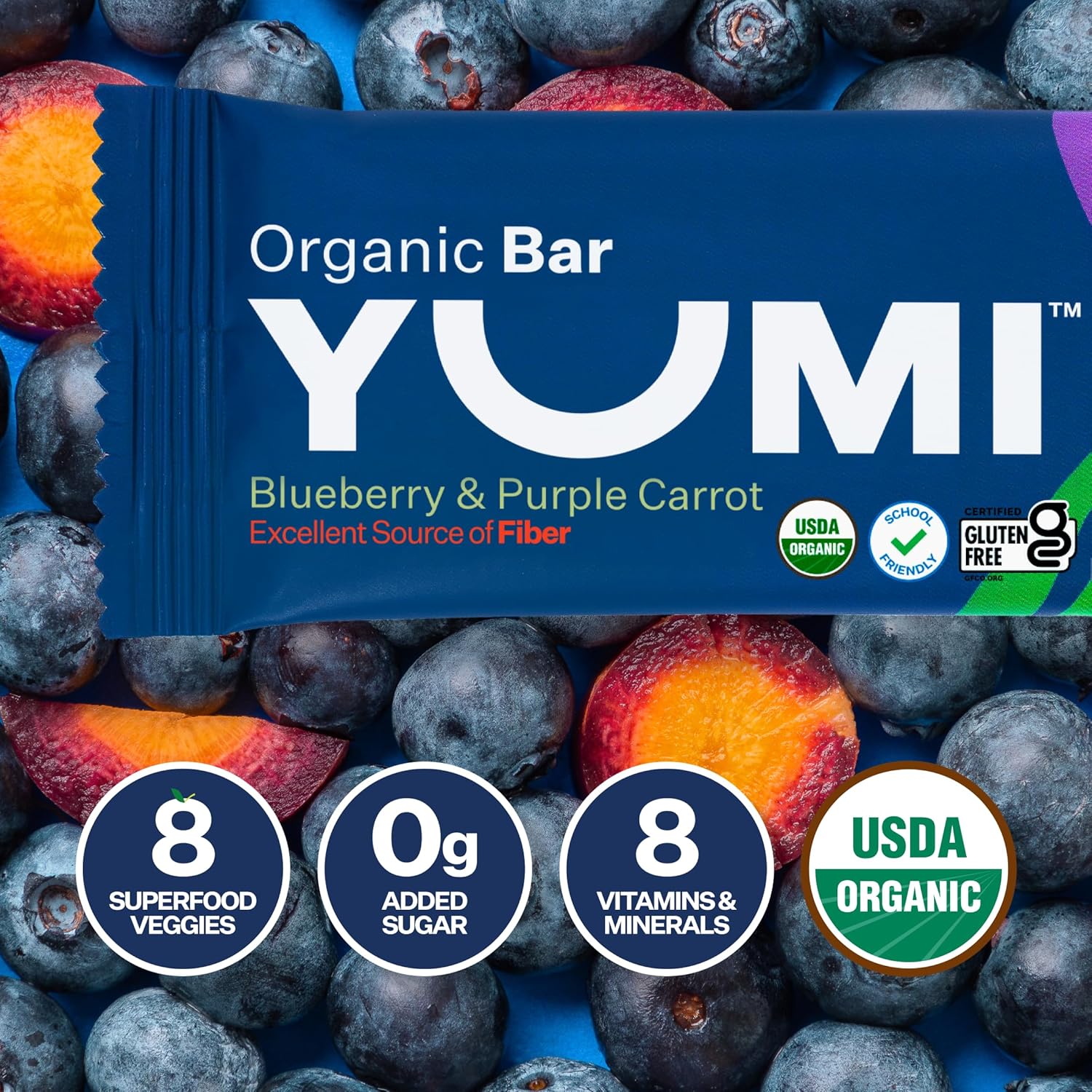 Yumi Organic Toddler Snack Bars (30 Count), Gluten-Free, No Added Sugar, 7+ Vegetables, Soft-Baked Crust, Healthy Snack Bars for Kids, School Safe for Kids Lunch Boxes (30, Blueberry & Purple Carrot)