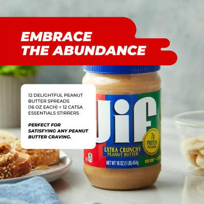 12 Jars of Jif Extra Crunchy Peanut Butter, 16 oz Each + 12 Catsa Essentials Stirrers in Catsa Essentials Pack Box