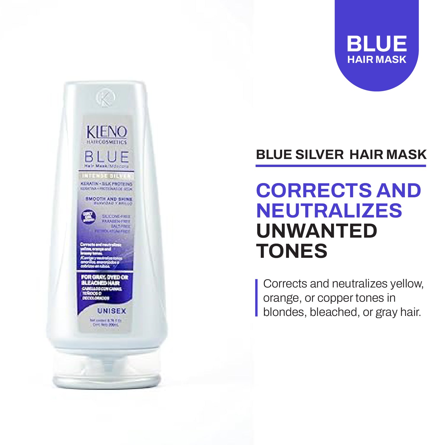 Kleno Blue Silver Intense Hair Mask - Keratin & Silk Protein, Deep Conditioning, Neutralizes Yellow and Brassy Tones, Hydration, Shine, Unisex Formula, 6.76 fl oz