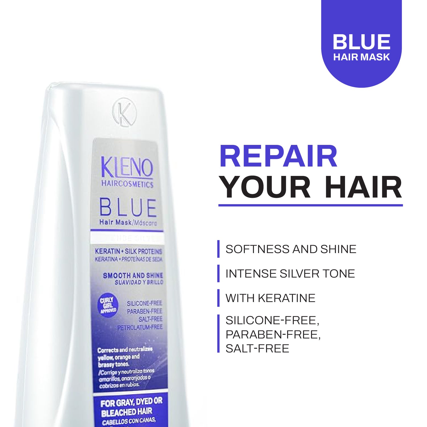 Kleno Blue Silver Intense Hair Mask - Keratin & Silk Protein, Deep Conditioning, Neutralizes Yellow and Brassy Tones, Hydration, Shine, Unisex Formula, 6.76 fl oz