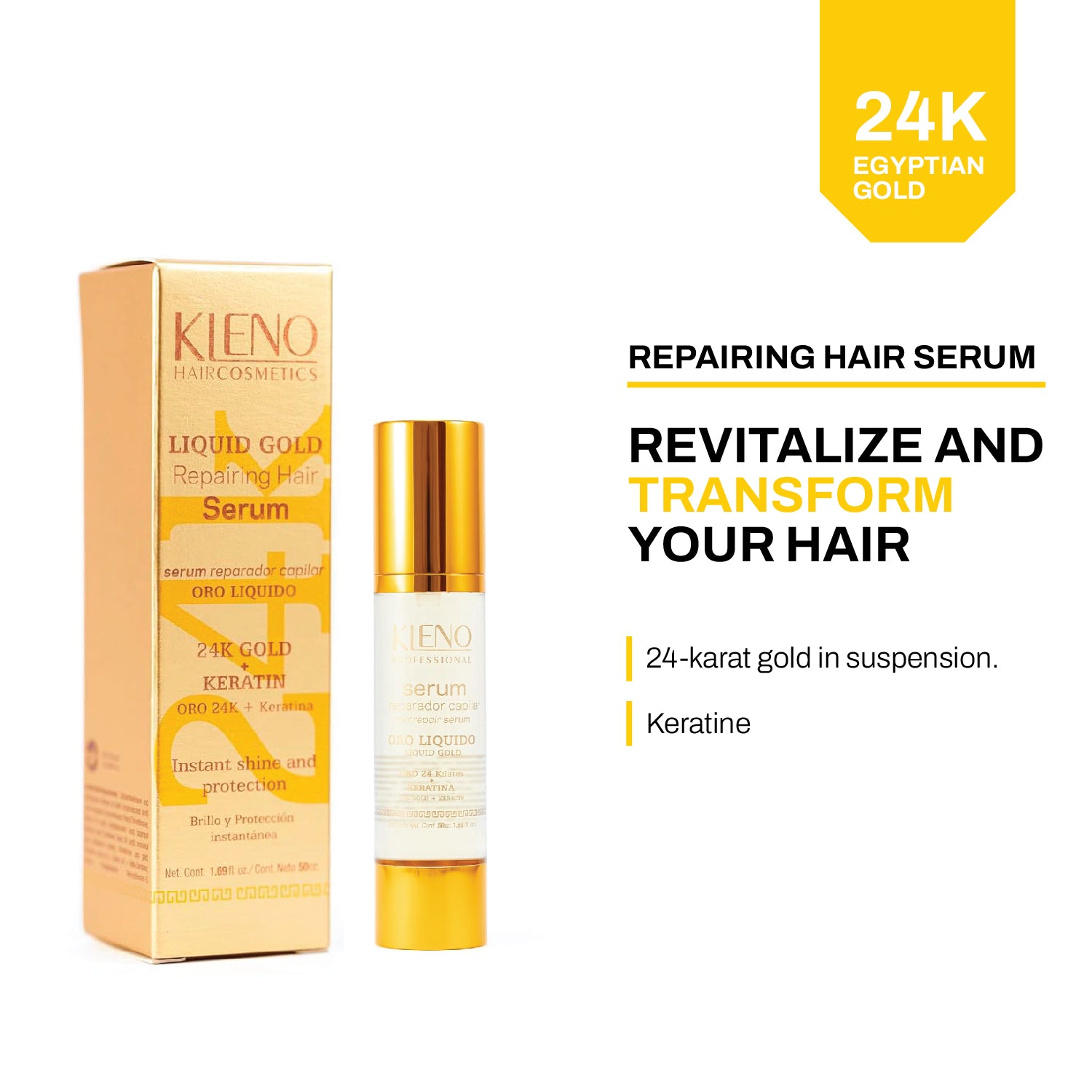 Kleno Liquid Gold Repairing Hair Serum - 24K Gold + Keratin for Instant Shine, Frizz Control, Deep Moisturizing, Heat Protection & Repair, 1.69 fl Oz Bottle