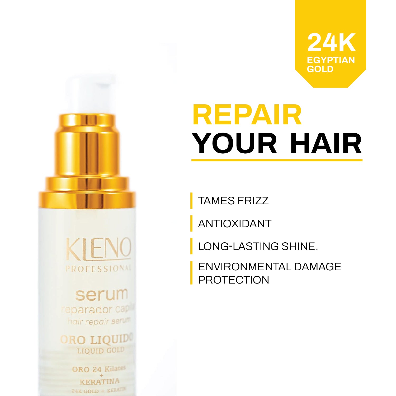 Kleno Liquid Gold Repairing Hair Serum - 24K Gold + Keratin for Instant Shine, Frizz Control, Deep Moisturizing, Heat Protection & Repair, 1.69 fl Oz Bottle