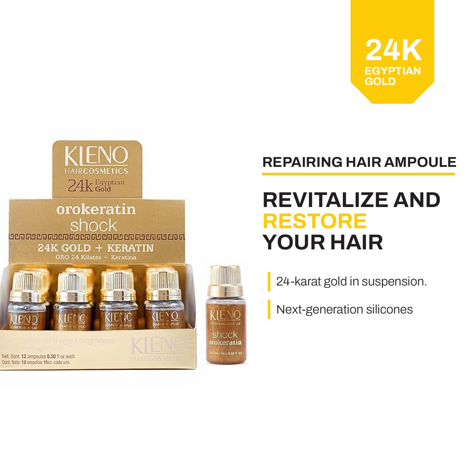 Kleno Shock OroKeratin Treatment - 24K Gold + Keratin for Intense Hair Repair, Frizz Control, Anti-Aging, Shine Enhancement, 12 Ampoules (0.50 Fl Oz Each)