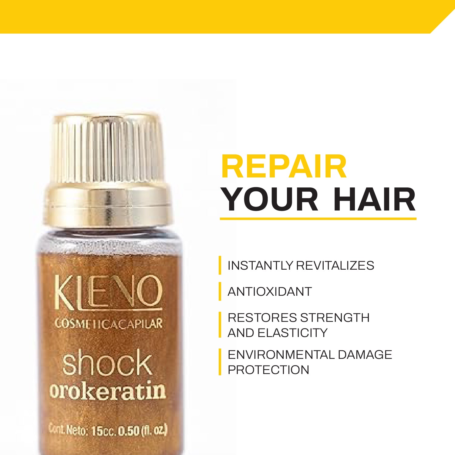 Kleno Shock OroKeratin Treatment - 24K Gold + Keratin for Intense Hair Repair, Frizz Control, Anti-Aging, Shine Enhancement, 12 Ampoules (0.50 Fl Oz Each)