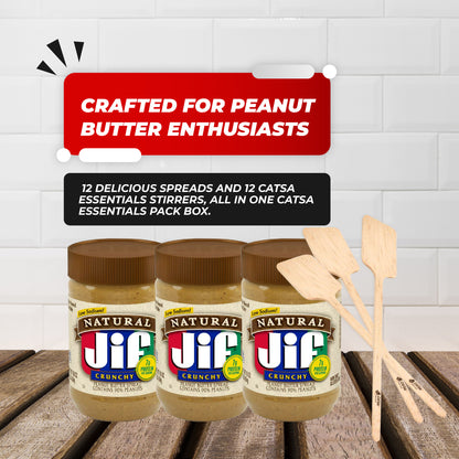 12 Jars Jif of Natural Crunchy Peanut Butter Spread (Contains 90% Peanuts), 16 oz Each + 12 Catsa Essentials Stirrers in Catsa Essentials Pack Box