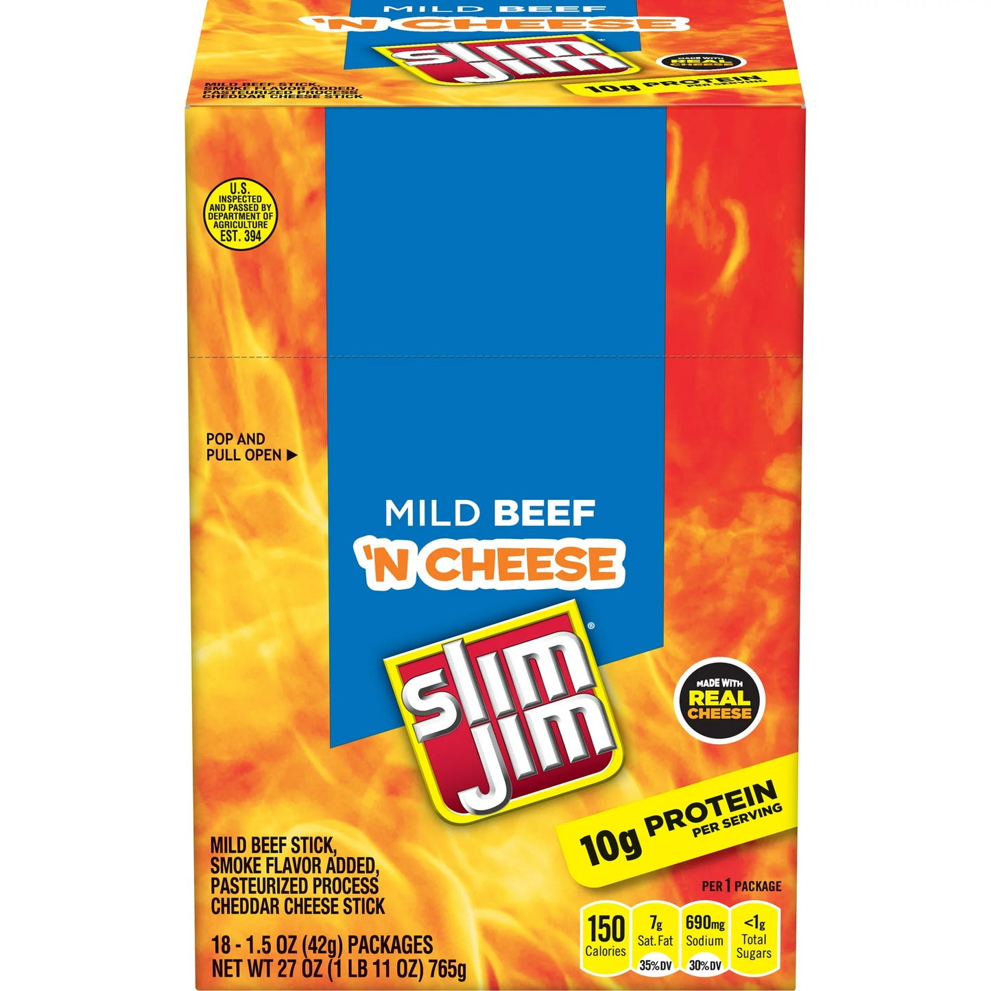 Slim Jim Beef and Cheese Stick, Mild Flavor Meat Stick, 1.5 Oz, 18 Ct