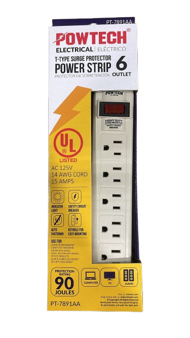 Powtech Power Strip with Surge Protector - 6 Outlets, 125V, 15A, 90 Joules