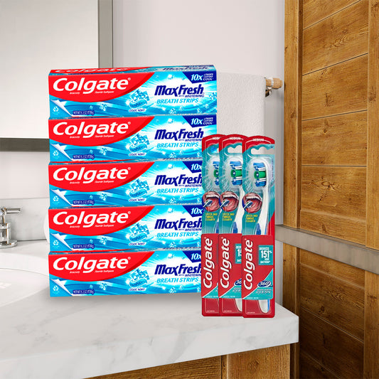 5 Colgate Max Fresh Toothpaste, Mini Breath Strips, Cool Mint, 6.3 oz + 3 Colgate 360 Toothbrush with Tongue and Cheek Cleaner, Medium Toothbrush