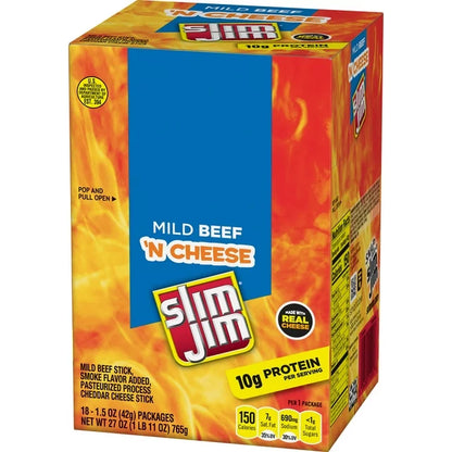 Slim Jim Beef and Cheese Stick, Mild Flavor Meat Stick, 1.5 Oz, 18 Ct