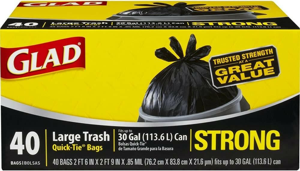 Glad quick-tie large garbage bags, 30 gallon, 40CT.